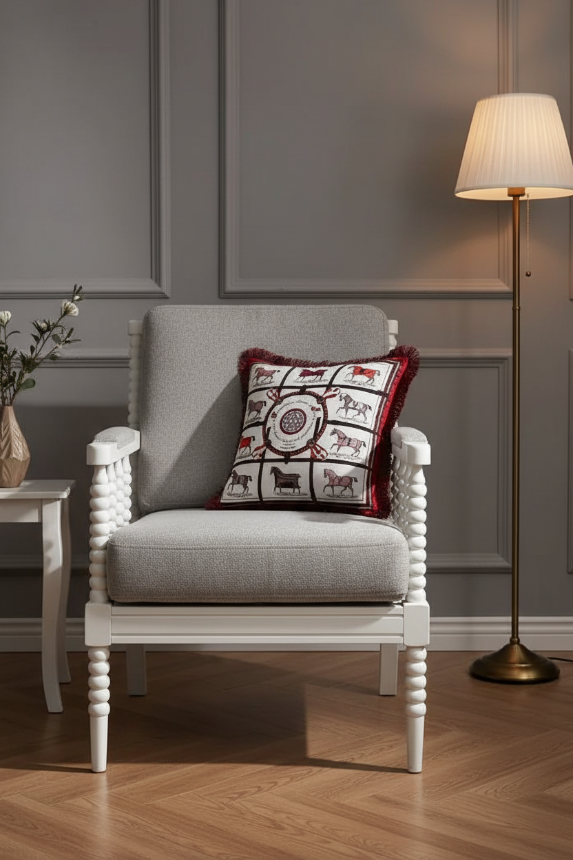 A cream slipcovered sofa in a warm, rustic room setting, featuring a decorative throw pillow with a red and white horse-themed pattern. A small wooden side table with a vase of yellow flowers sits to the left.