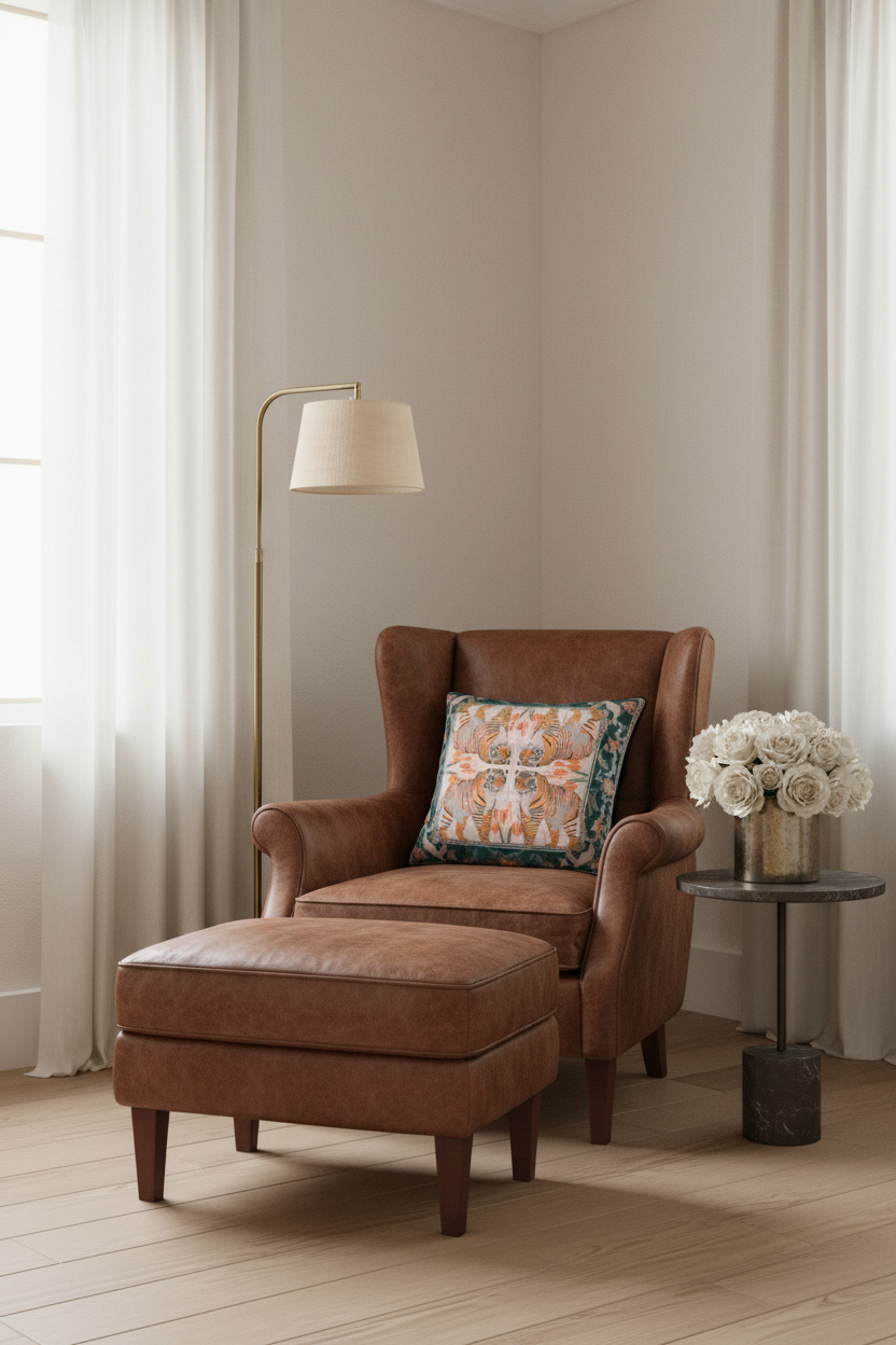 A brown leather wingback armchair with a matching ottoman in a softly lit room, styled with a patterned accent pillow, a floor lamp, and a side table with white flowers.