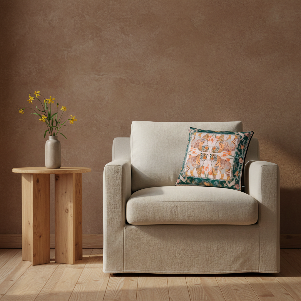 A classic white armchair with a light gray upholstered seat and back, styled with a colorful patterned accent pillow. The chair is set in a beautifully decorated room with gray paneled walls, a warm floor lamp, and a light wood herringbone floor.