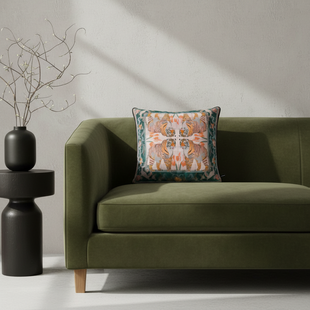A classic white armchair with a light gray upholstered seat and back, styled with a colorful patterned accent pillow. The chair is set in a beautifully decorated room with gray paneled walls, a warm floor lamp, and a light wood herringbone floor.