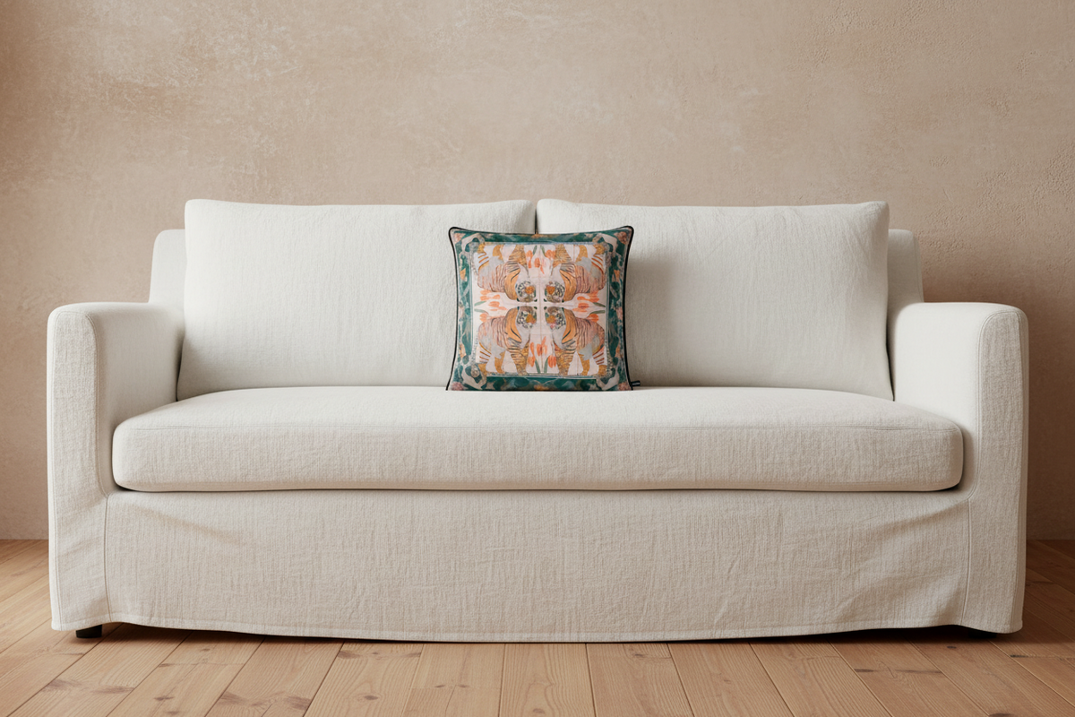 A classic white armchair with a light gray upholstered seat and back, styled with a colorful patterned accent pillow. The chair is set in a beautifully decorated room with gray paneled walls, a warm floor lamp, and a light wood herringbone floor.