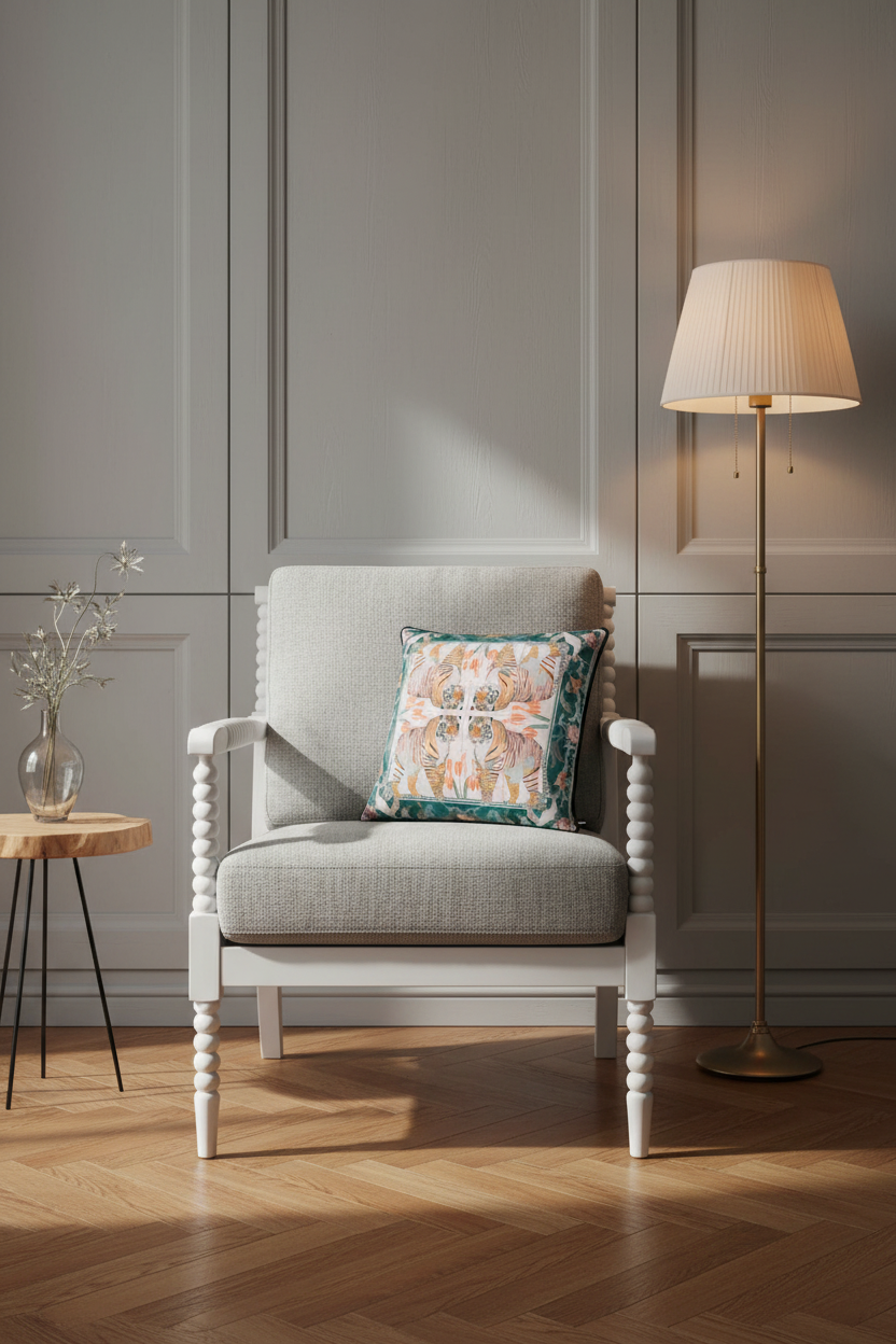 A white wooden armchair with a light gray upholstered seat and back, styled with a colorful patterned throw pillow. The chair is set in a room with gray paneled walls and a warm wood floor, next to a small side table with a glass vase and a floor lamp.