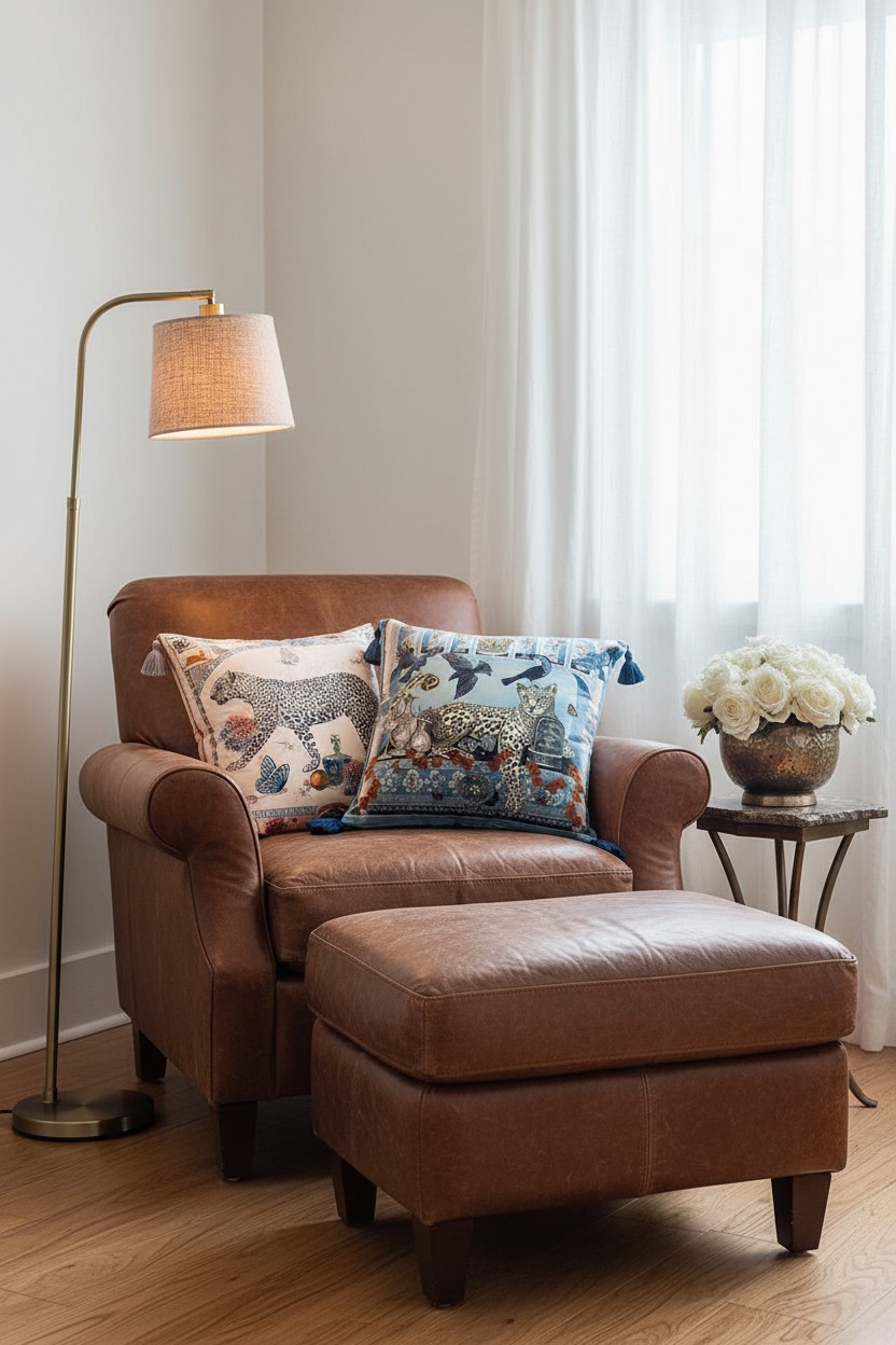 A brown leather armchair with matching ottoman in a bright room, styled with two decorative animal-print throw pillows, a floor lamp, and a side table with white flowers.