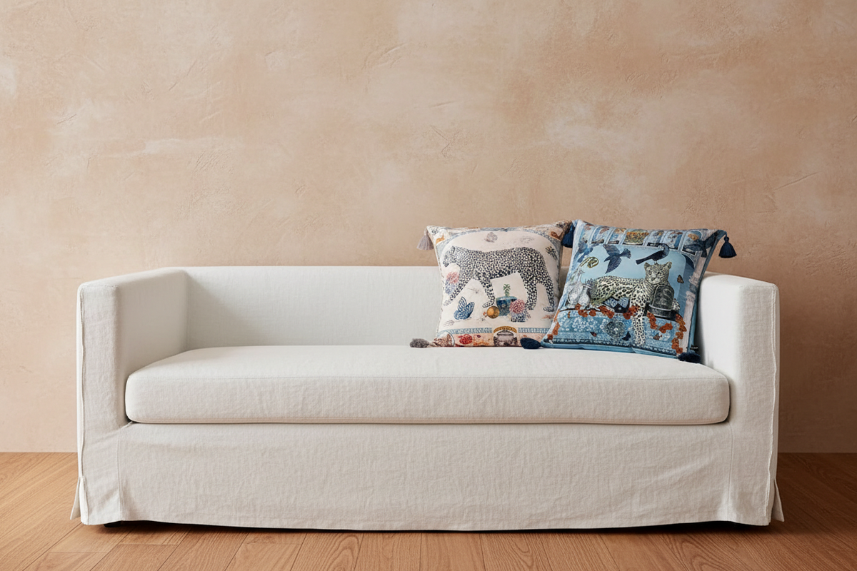 A white slipcovered sofa with two decorative animal-print throw pillows, set against a textured beige plaster wall and light wood flooring.