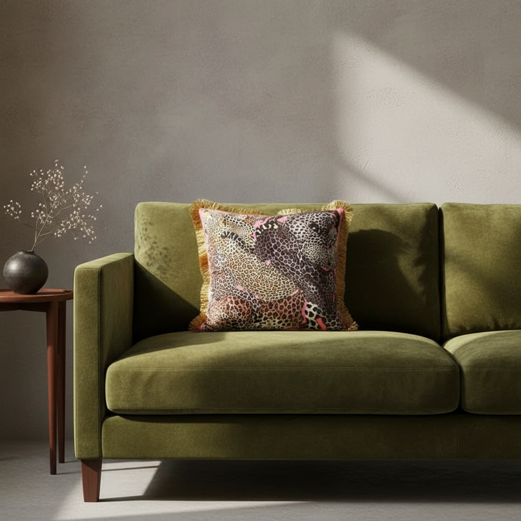 An olive green velvet loveseat with a decorative throw pillow featuring a multicolor leopard print pattern, styled in a modern living room setting next to a black side table.