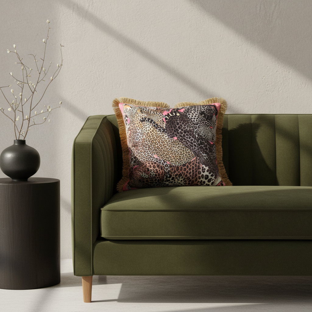 An olive green velvet loveseat sofa in a styled room setting, featuring a decorative throw pillow with a multicolor leopard print pattern and gold fringe. A black side table with a black vase is positioned to the left.