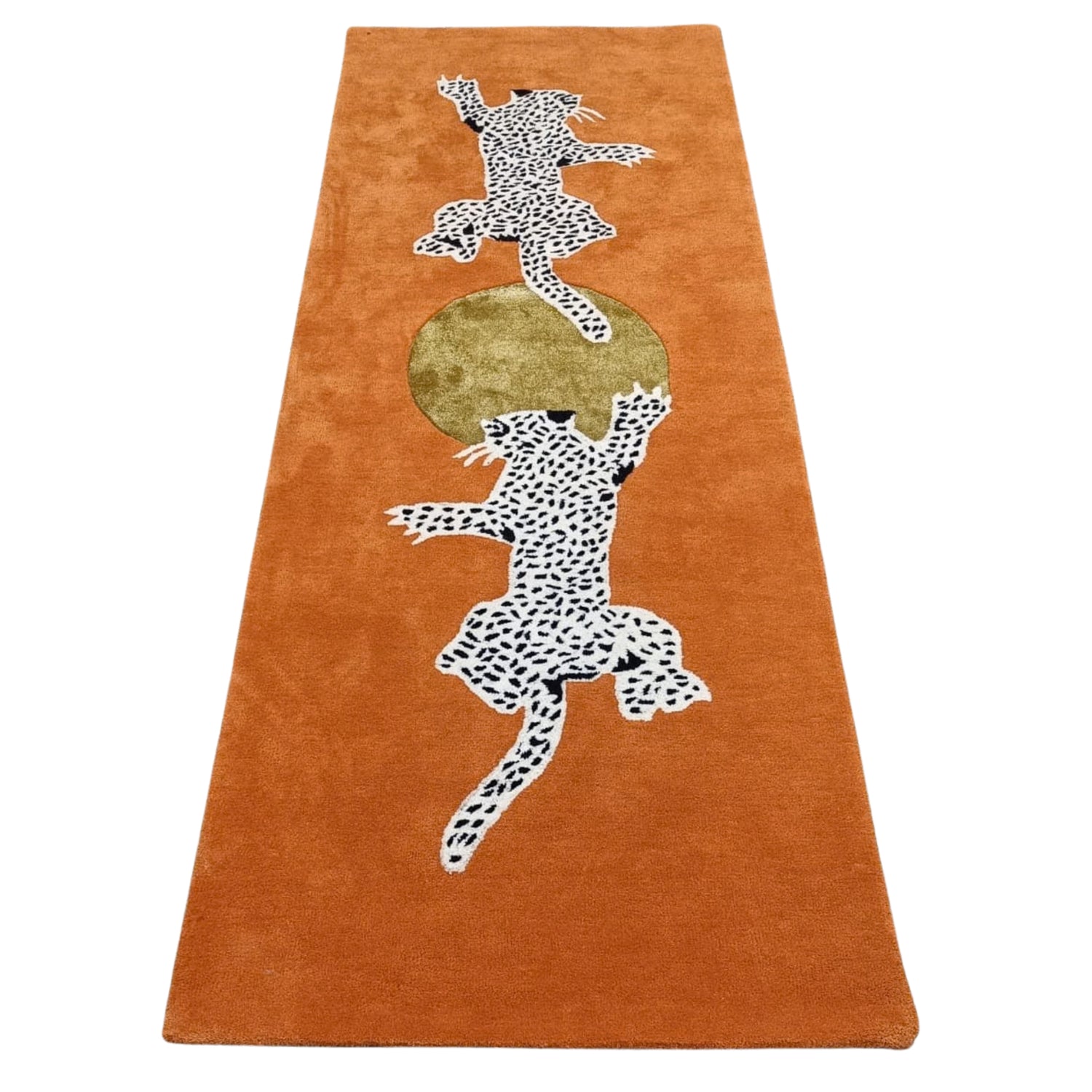 wool rug with leopard design on an orange background