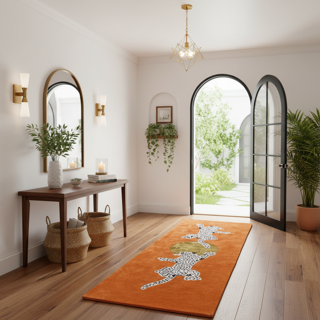 Leopards on Silky Road Tufted Rug Runner - Orange
