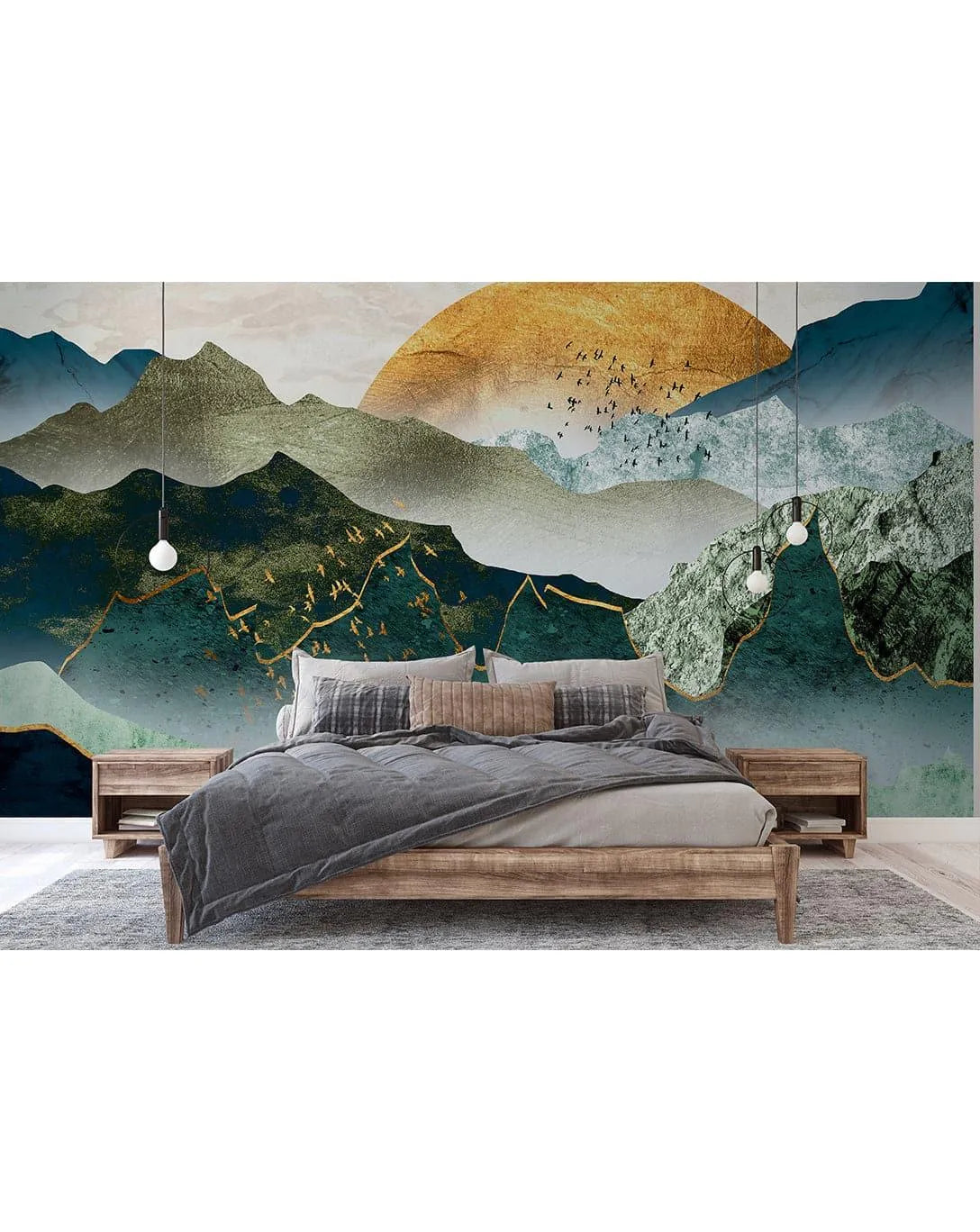 Illustration Green Mountain By Sunset Wall Mural