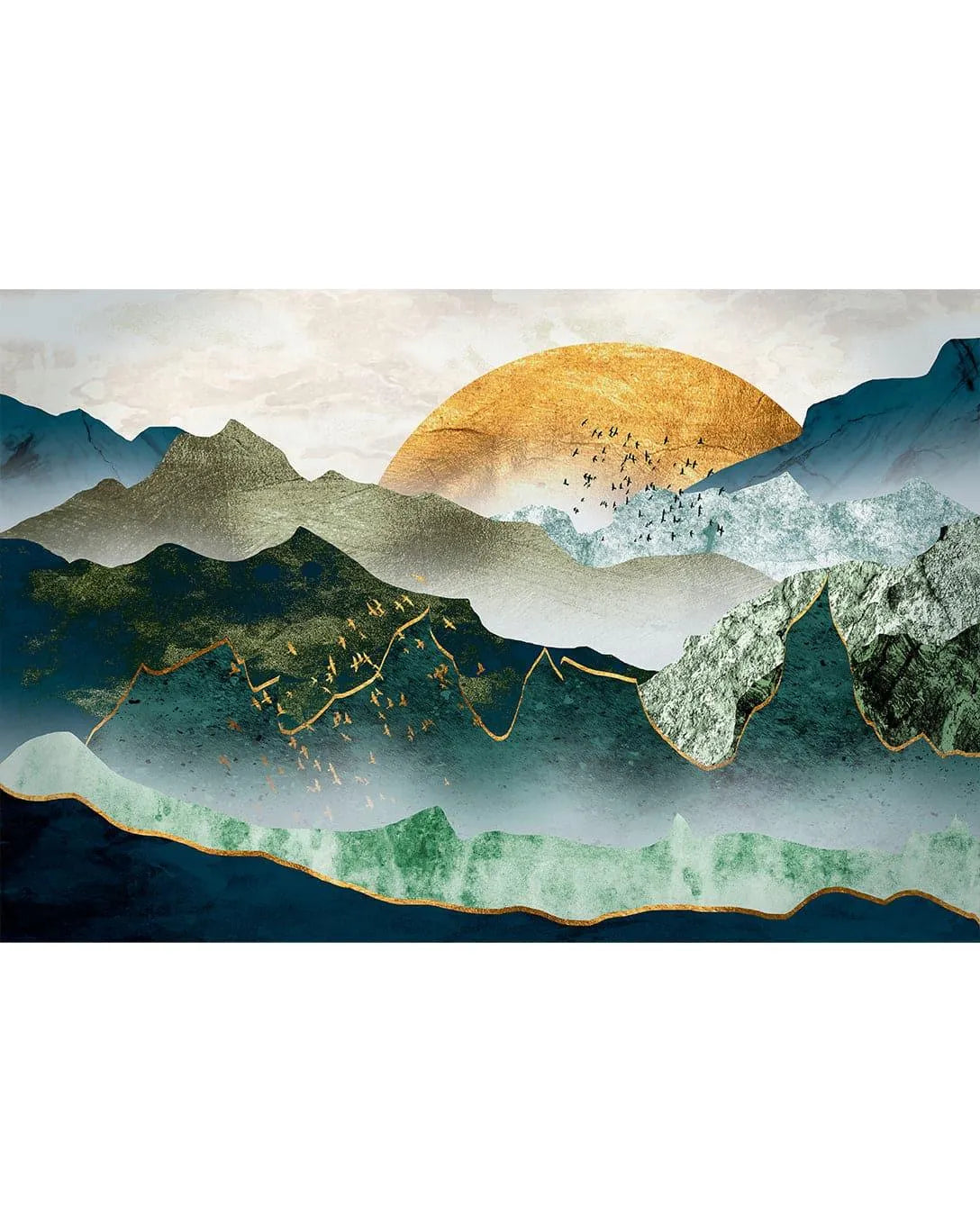 Illustration Green Mountain By Sunset Wall Mural