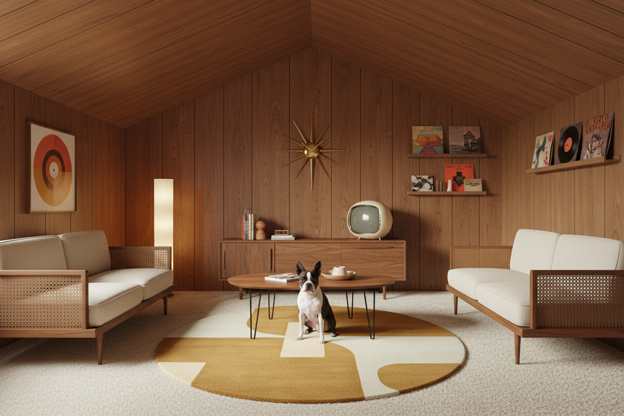 Modern living room with round rug, wooden walls, furniture, and decor.