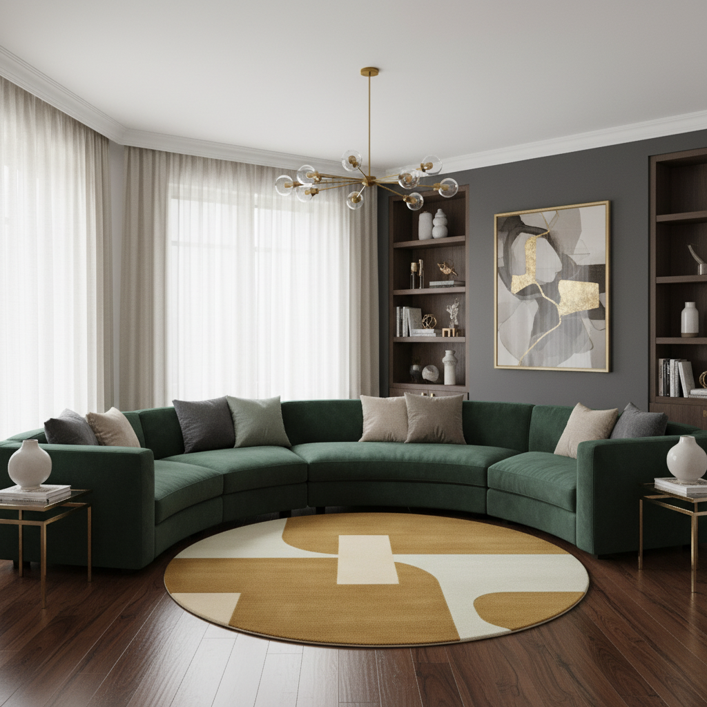 Modern living room with a green sectional sofa, round rug, and decorative elements.