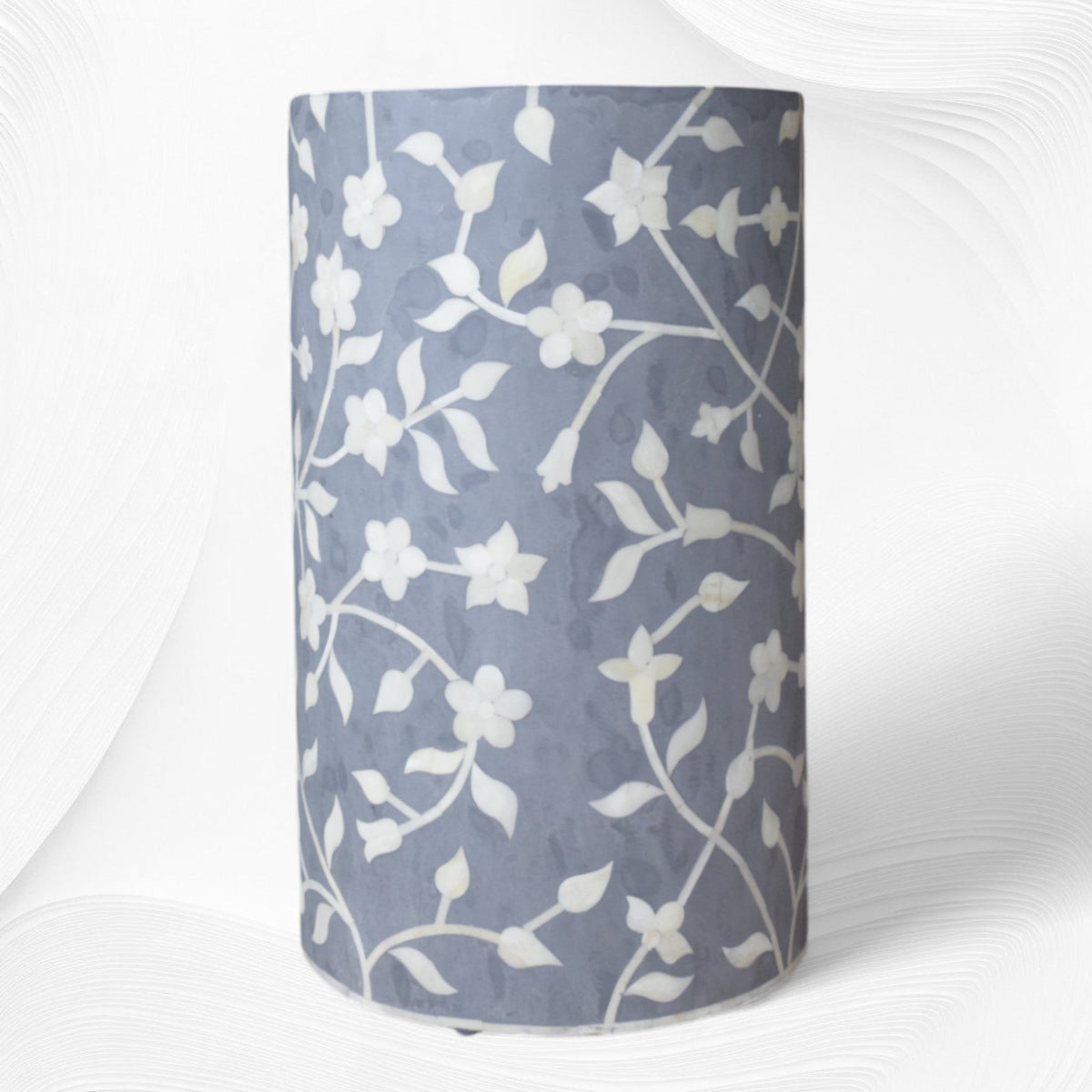 Lola floral bone inlay round stool in light grey, front view
