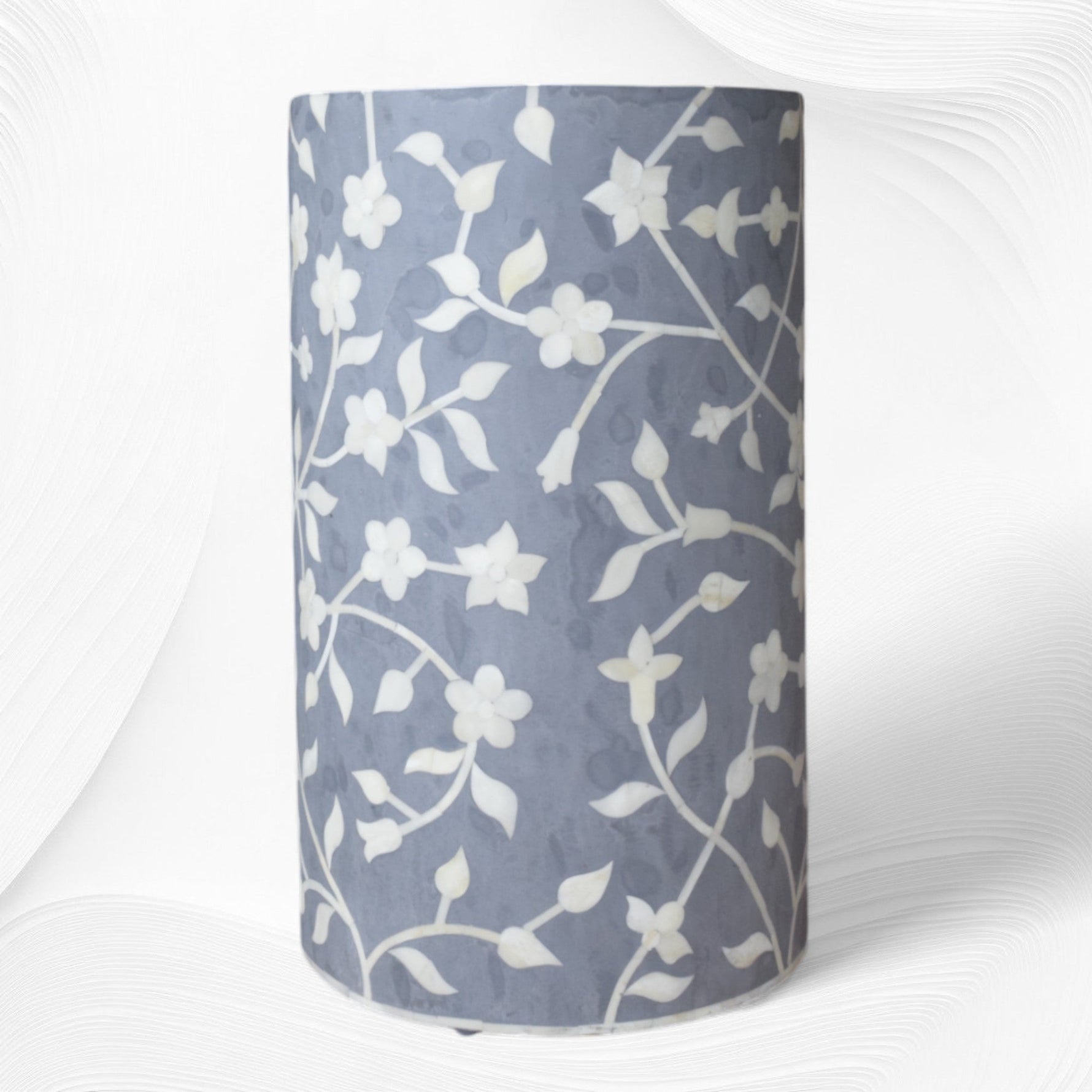 Lola floral bone inlay round stool in light grey, front view