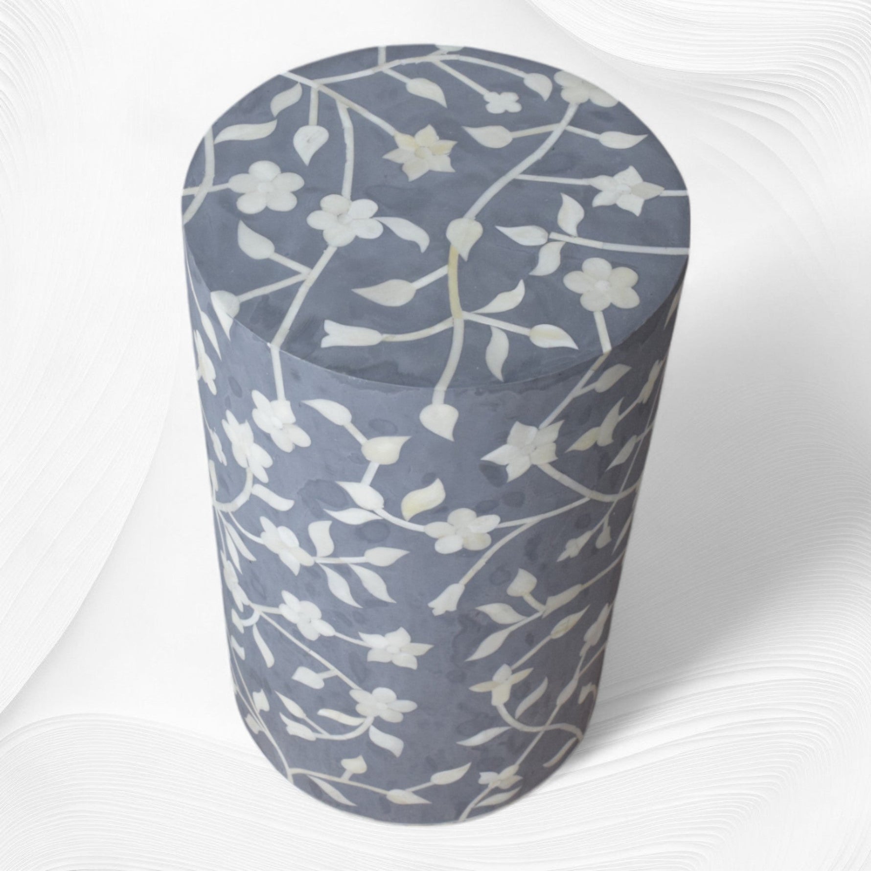 Light grey floral bone inlay stool, angled view
