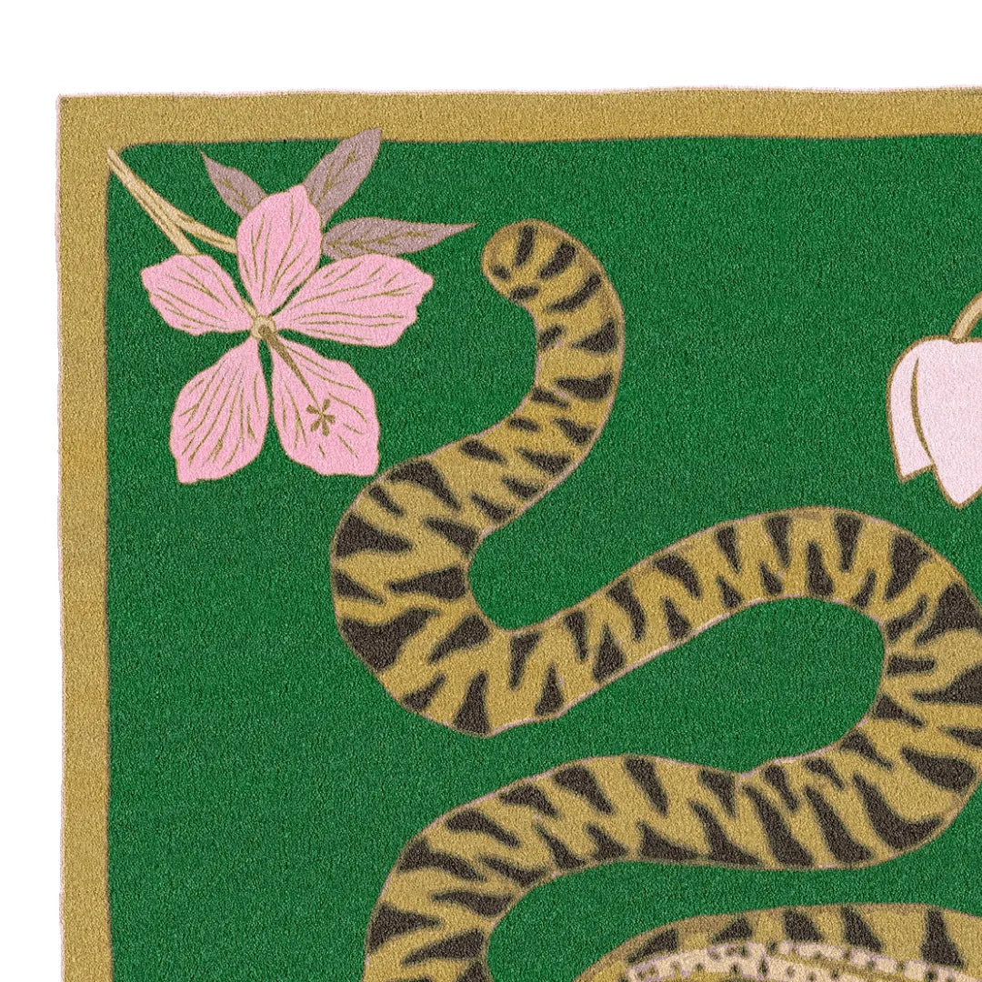 Lotus and Indian Tiger Hand Tufted Wool Rug - Green