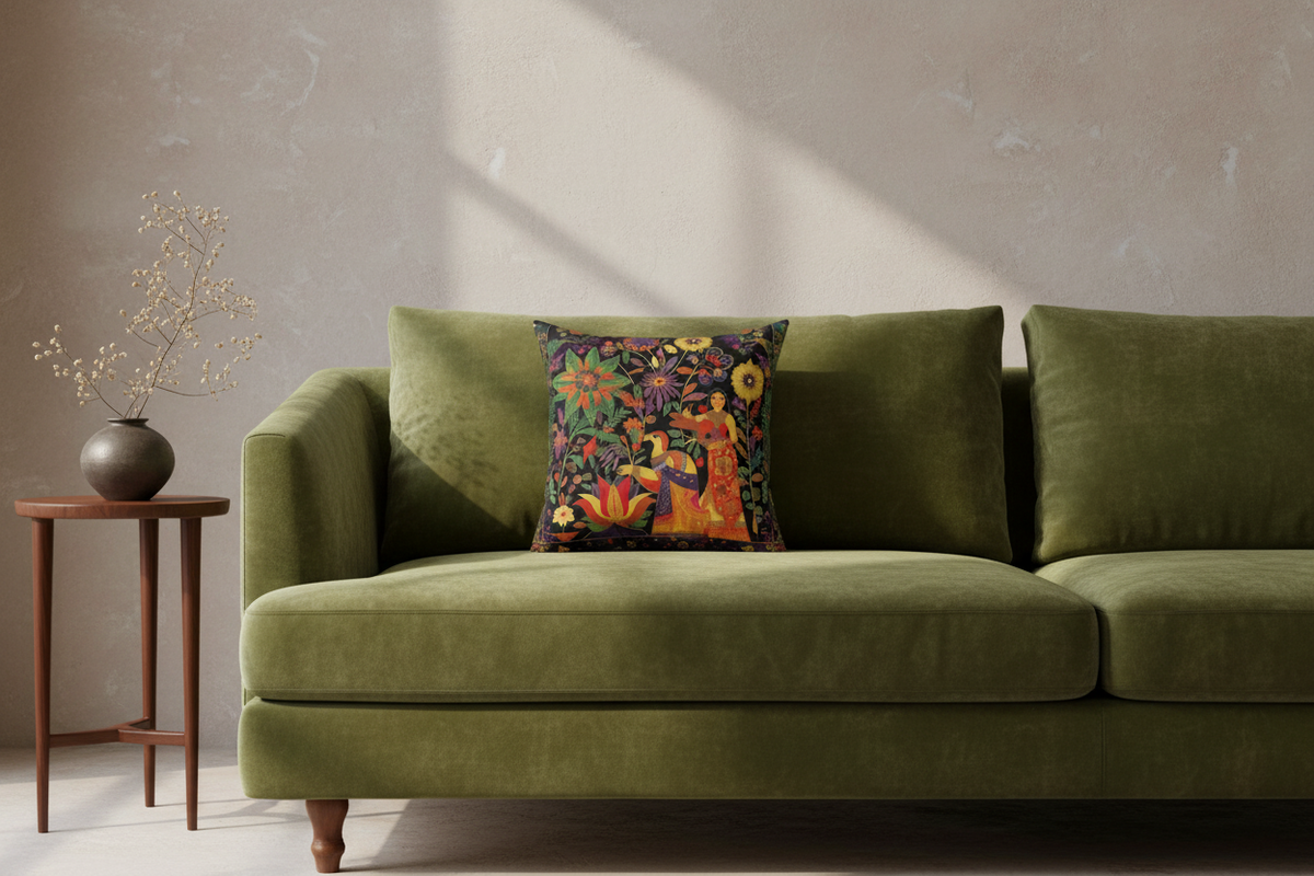 An olive green velvet sofa in a styled room setting, featuring a colorful floral and botanical throw pillow, a small wooden side table with a vase of dried branches, and a textured beige wall with soft diagonal shadows.