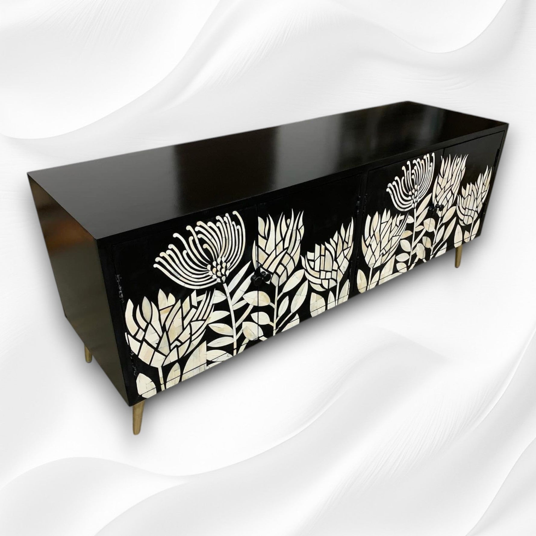 Lucas bone inlay media console in black, front view