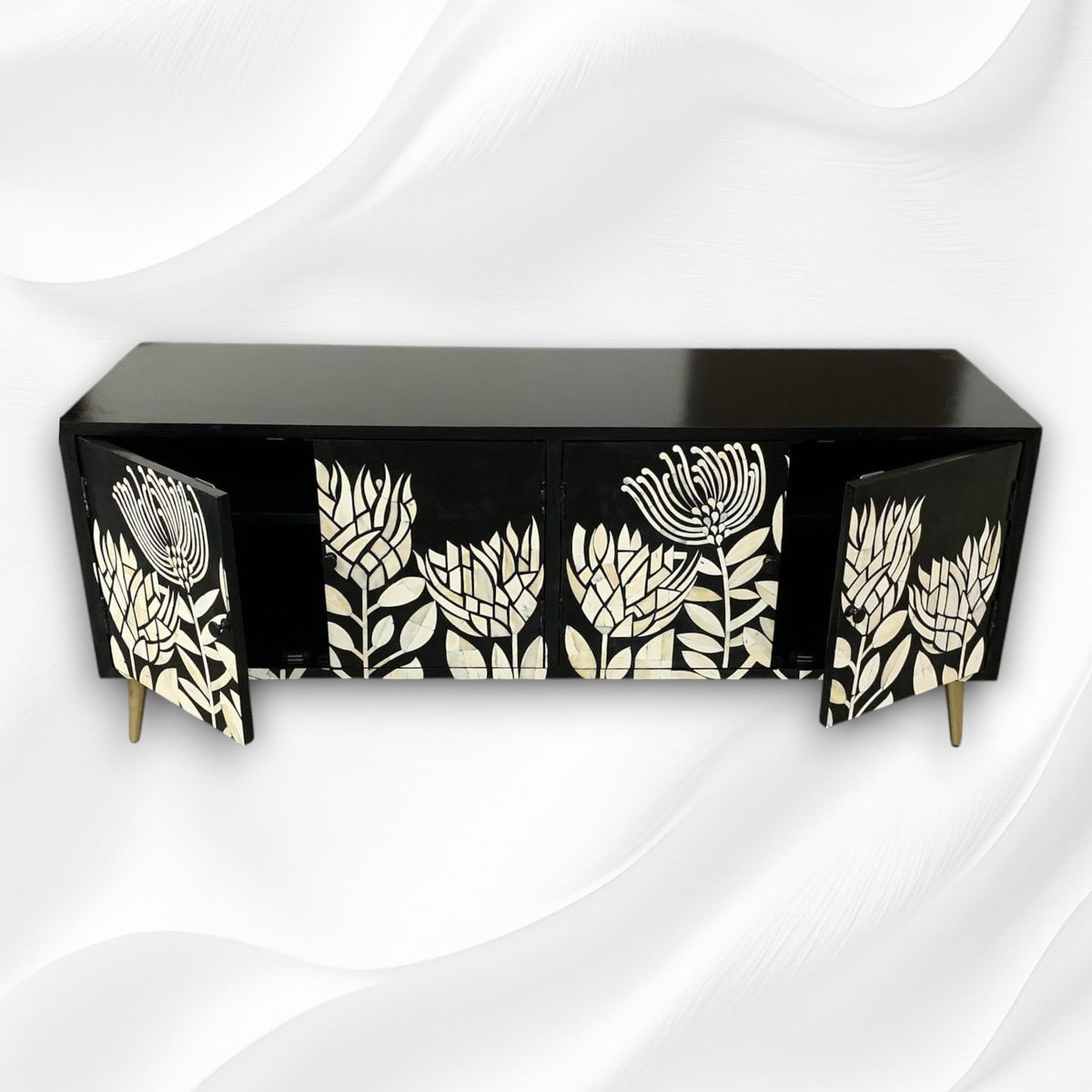 Black bone inlay media console, angled view