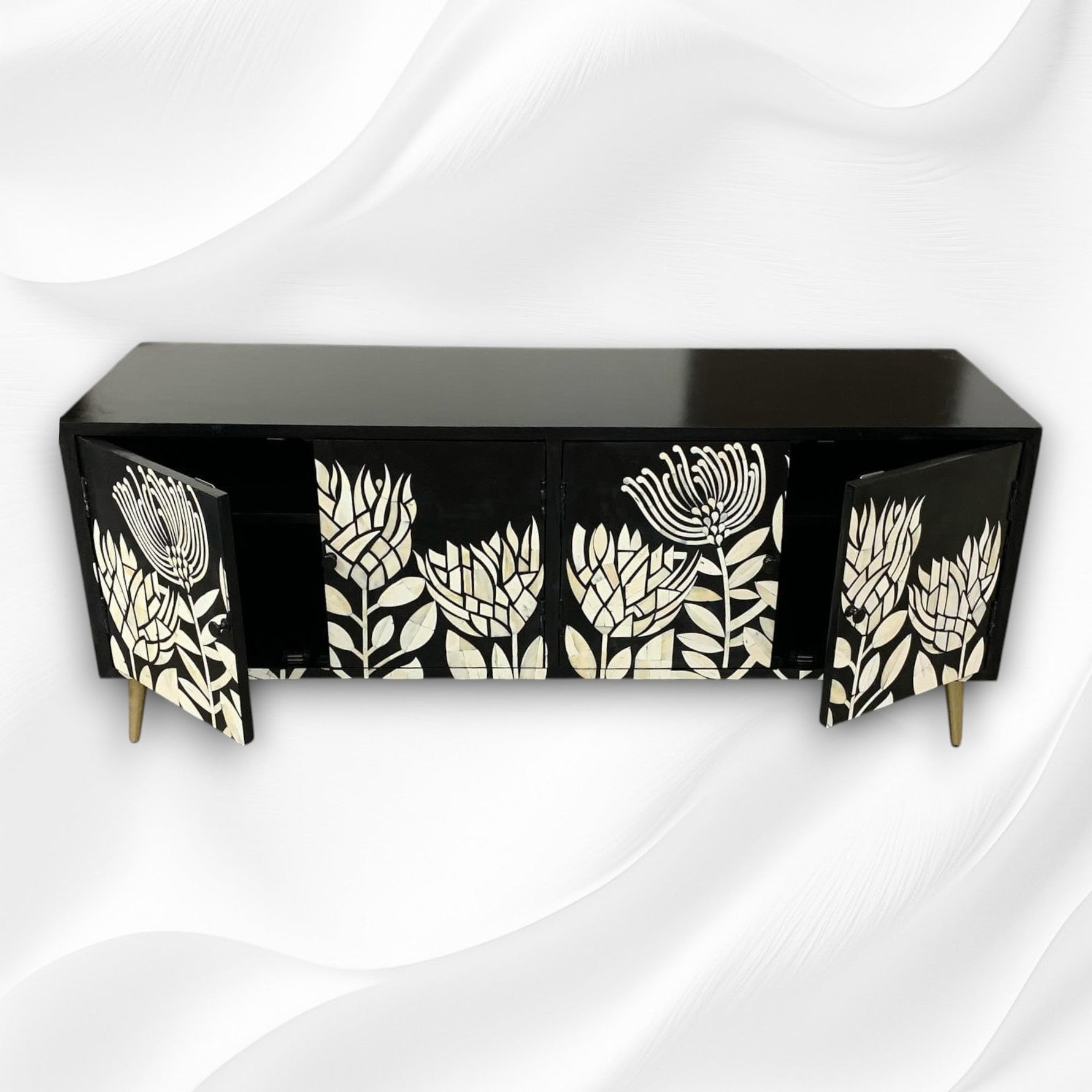 Black bone inlay media console, angled view