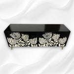 Bone inlay media console, detail with brass handles