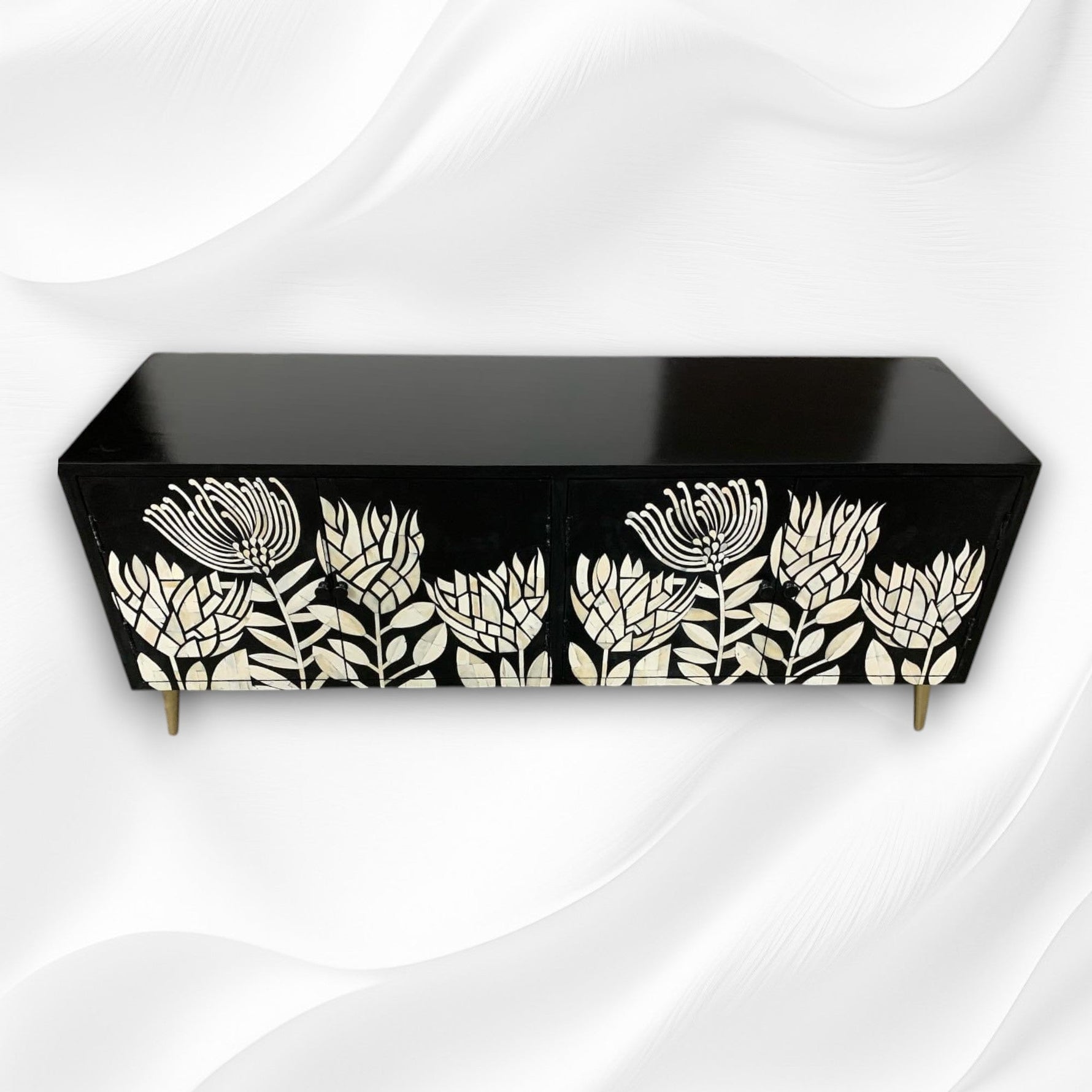 Bone inlay media console, detail with brass handles