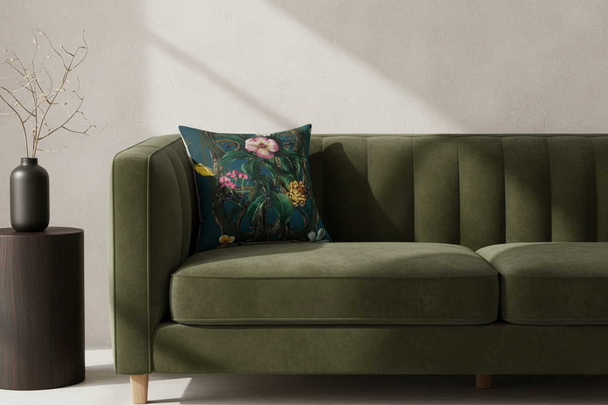 An olive green velvet sofa with vertical channel tufting in a styled room, featuring a dark teal floral throw pillow and a black side table with a vase.