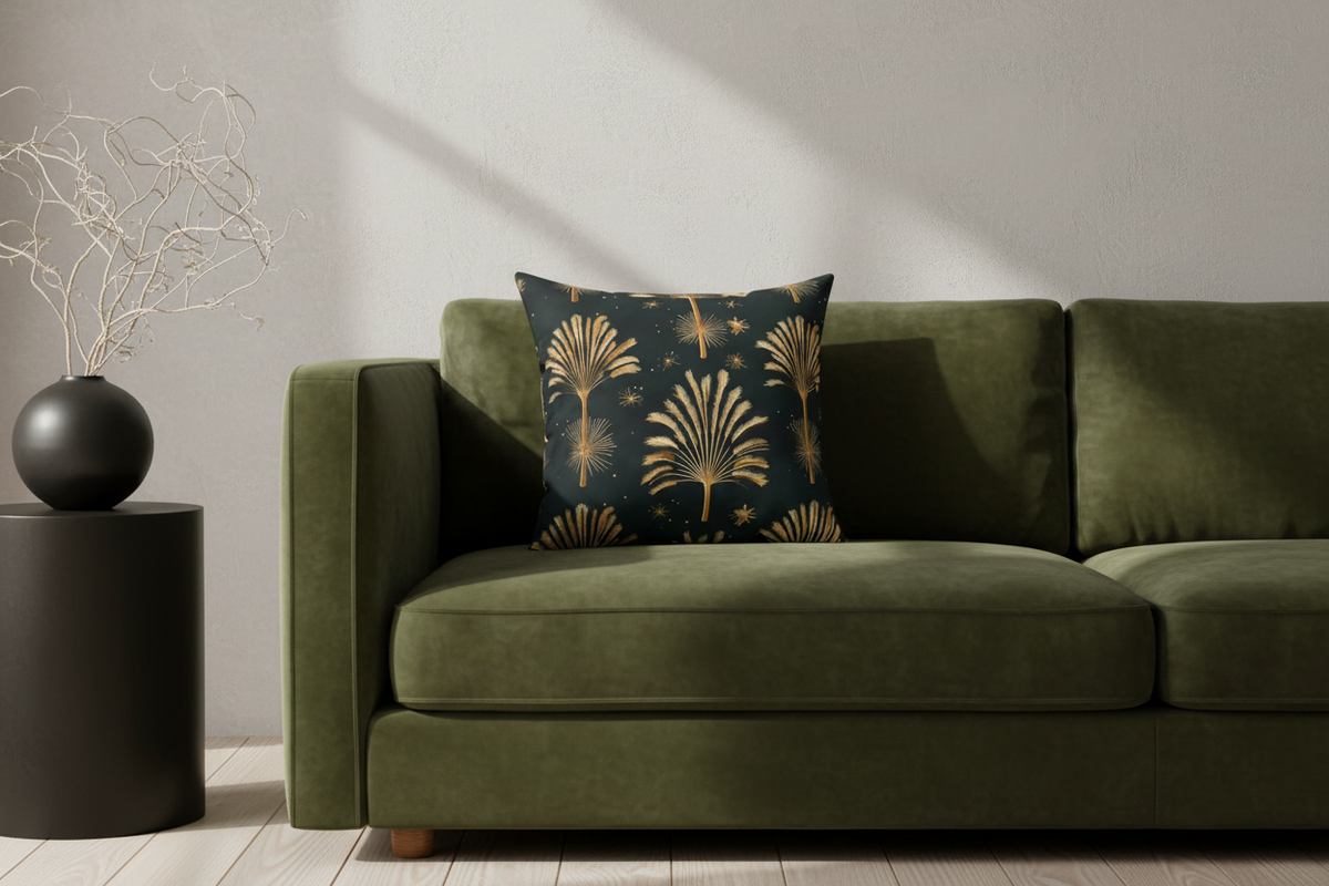 An olive green velvet sofa in a styled room setting, featuring a dark teal throw pillow with a gold palm leaf and star pattern, next to a black side table with dried branches.
