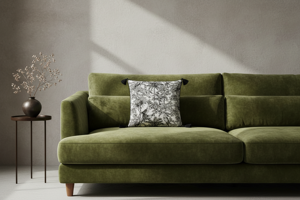 An olive green velvet sofa in a modern living room setting, featuring a black and white patterned throw pillow and a small side table with a vase of dried branches against a textured gray wall.