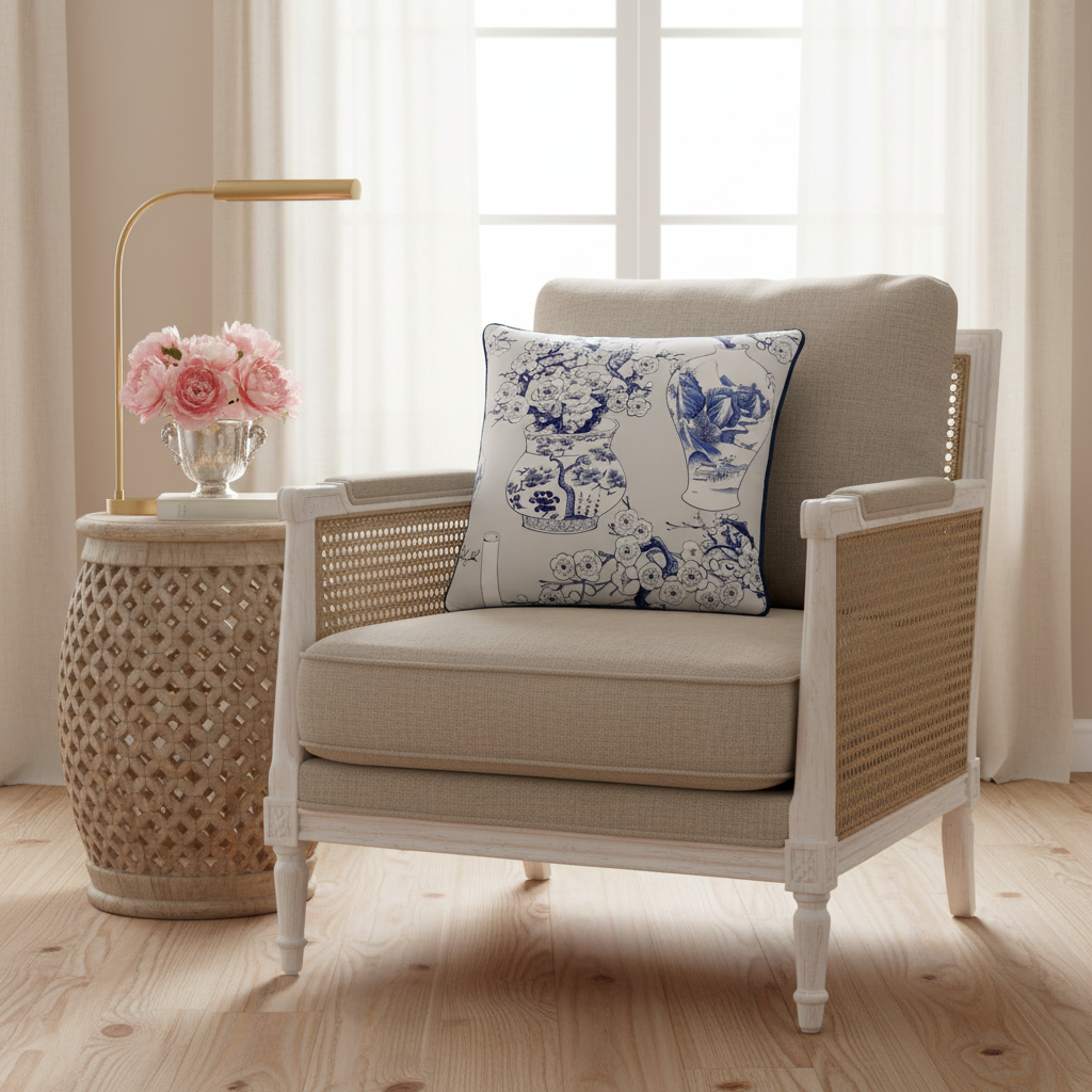 A beige upholstered armchair with a white frame and woven cane backrest, styled in a bright room with a blue-and-white floral accent pillow, a matching side table with pink flowers, and a gold floor lamp.