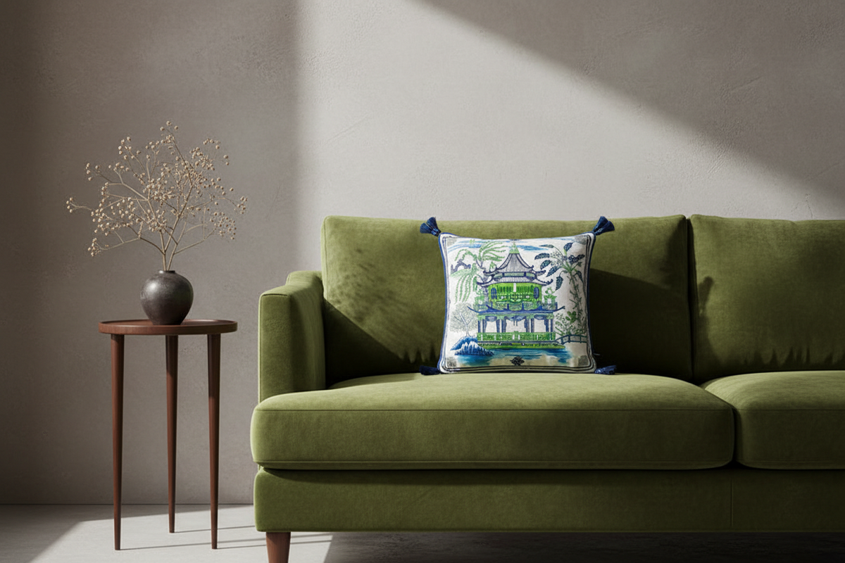 A brown leather armchair in a bright room, styled with a square decorative throw pillow featuring a green pagoda and tropical foliage print. A brass floor lamp stands to the left, and a small side table with white flowers is to the right.