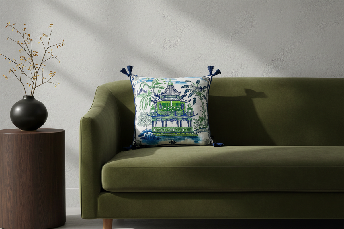 A brown leather armchair in a bright room, styled with a square decorative throw pillow featuring a green pagoda and tropical foliage print. A brass floor lamp stands to the left, and a small side table with white flowers is to the right.