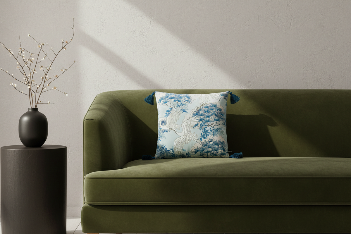 A decorative throw pillow with a blue and white floral pattern and dark blue tassels, resting on an olive green velvet sofa next to a black side table with a vase of branches.
