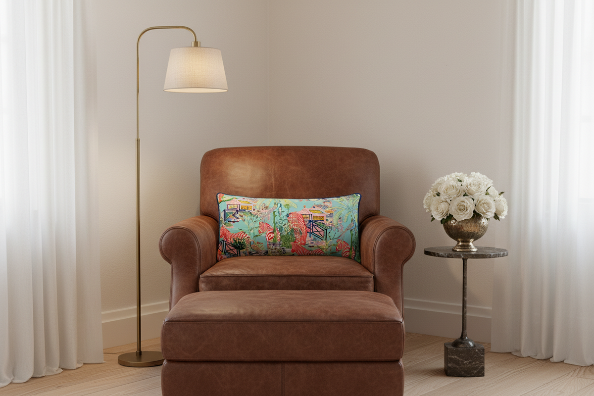 A brown leather armchair with a matching ottoman in a styled room setting, featuring a colorful floral throw pillow, a brass floor lamp, and a side table with white flowers.