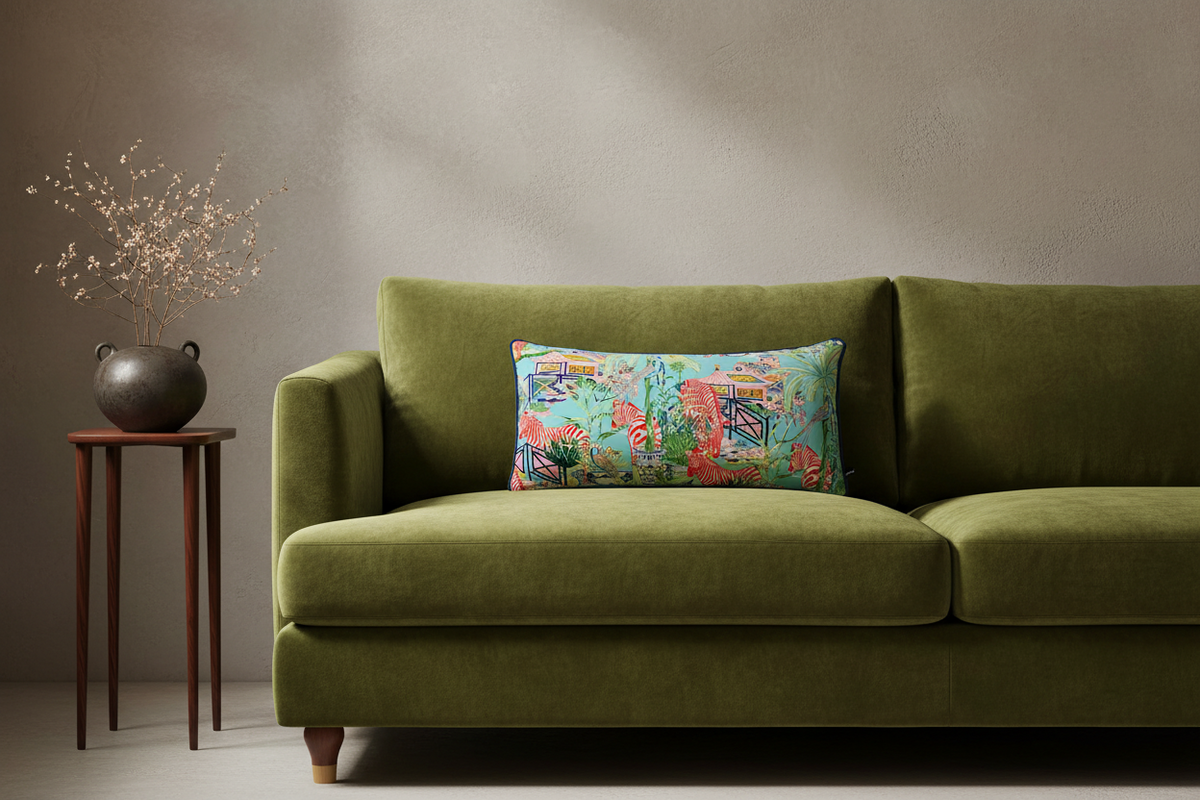 An olive green velvet sofa in a styled room setting, featuring a colorful rectangular throw pillow with a tropical floral print, next to a small wooden side table with dried branches.