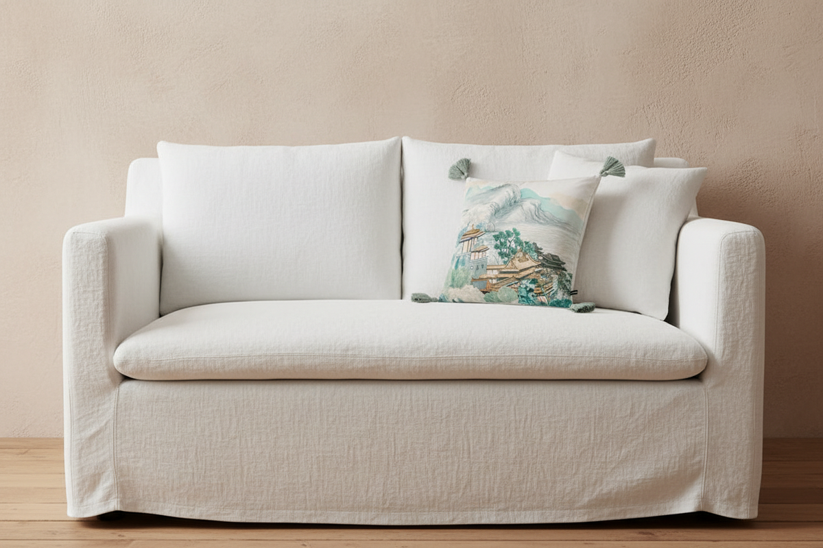 A cream-colored slipcovered loveseat sofa with two back cushions and two throw pillows, including one decorative pillow with a landscape print, set against a textured beige wall and light wood floor.