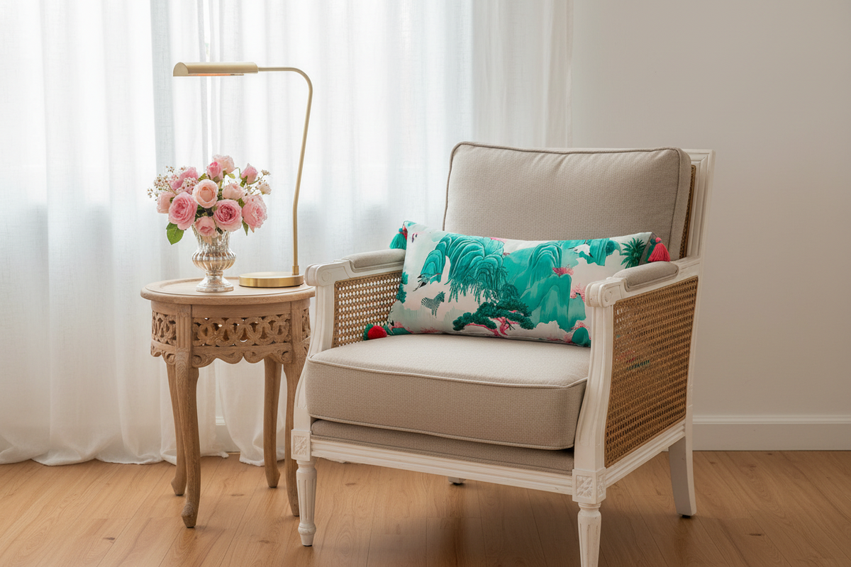 A cream and woven rattan armchair with a colorful tropical floral throw pillow, styled next to a small wooden side table with a gold floor lamp and pink roses in a bright room with white curtains.