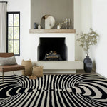 Stylish area rug with 3D vortex design, hand-tufted from wool, perfect for living room and dining room settings. This large area rug adds a contemporary touch as a dining table rug in a modern interior.