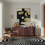 Stylish area rug featuring a 3D vortex optic illusion, hand tufted from wool, ideal for large dining room settings and pairing with a dining table, enhancing living room and dining room decor.