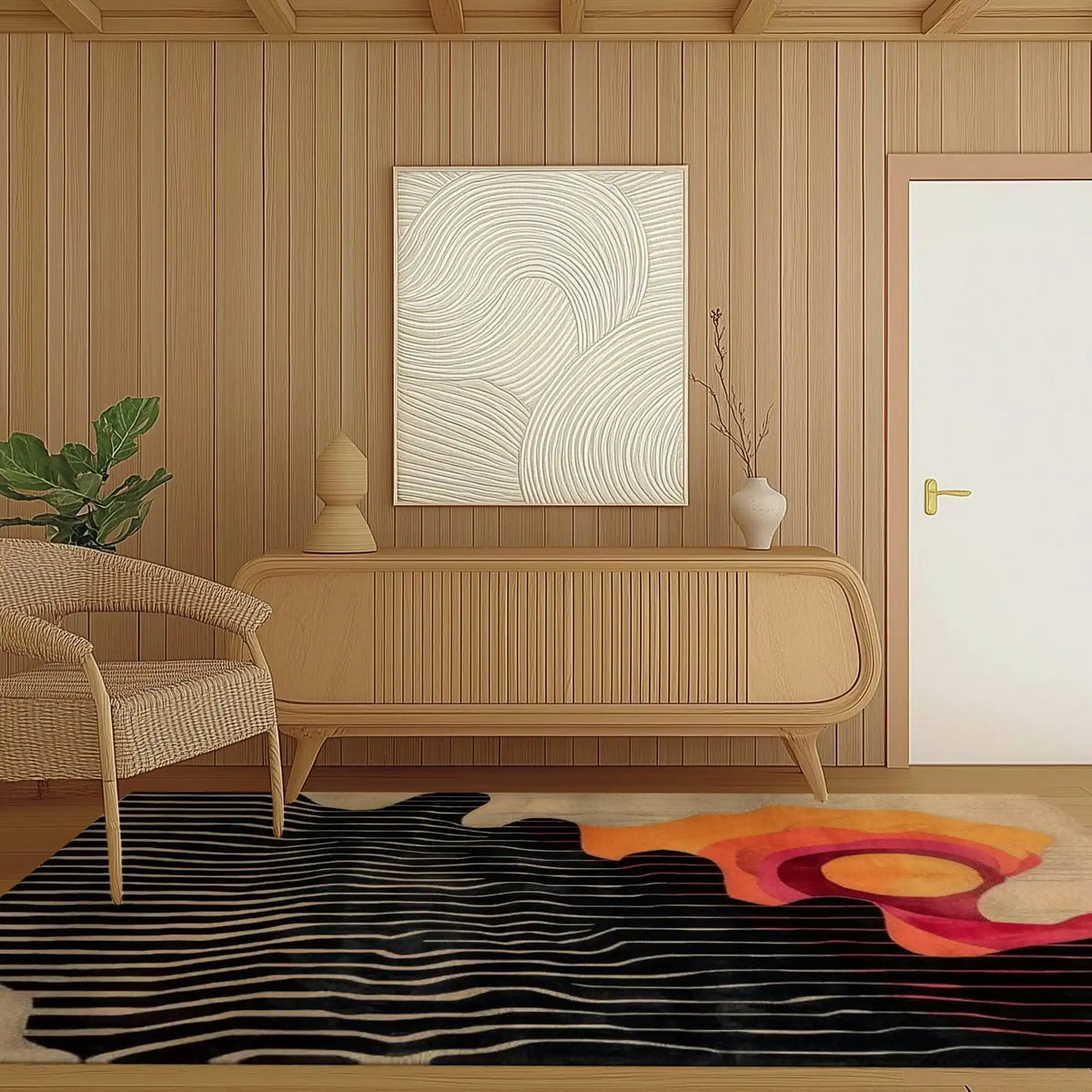 Modern living room featuring a large area rug with abstract design, showcasing a blend of black, orange, and pink hues. The wool rug complements the wooden decor, making it ideal for living room spaces.