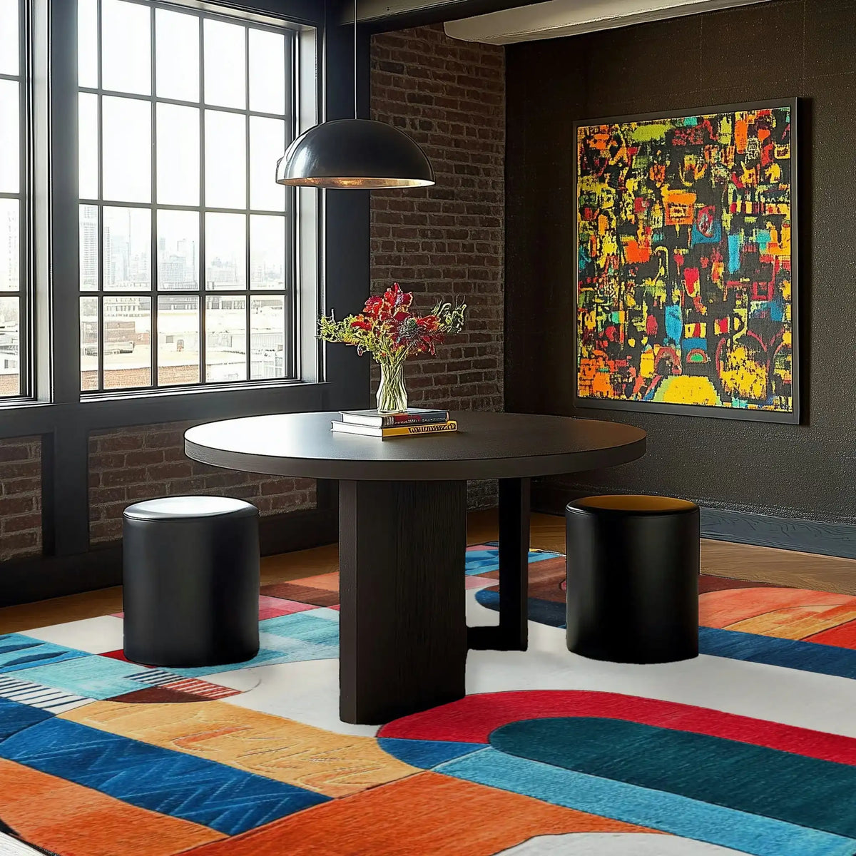 An abstract cityscape area rug displayed under a round dining table with stools in a modern dining room setting. The large wool rug features vibrant geometric patterns, ideal for large area rugs for living room or dining table rug setups.
