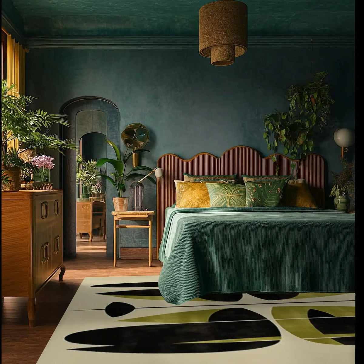 Stylish area rug in a cozy office setting, featuring an abstract design with black and olive shapes on a wool surface. Ideal for large office spaces, this rug enhances the room with its modern aesthetic and complements the wooden furniture and lush green plants.