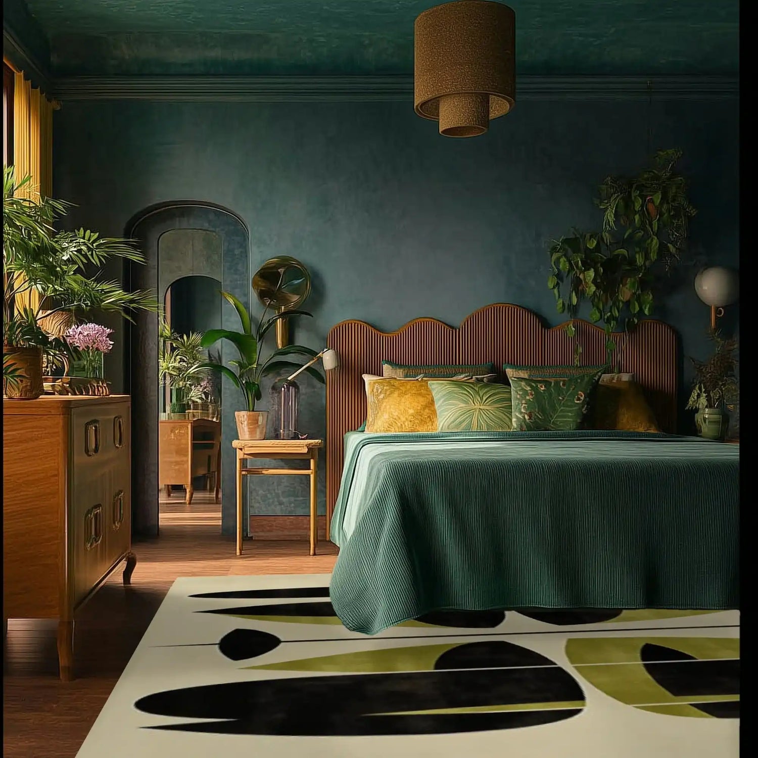 Stylish area rug in a cozy office setting, featuring an abstract design with black and olive shapes on a wool surface. Ideal for large office spaces, this rug enhances the room with its modern aesthetic and complements the wooden furniture and lush green plants.