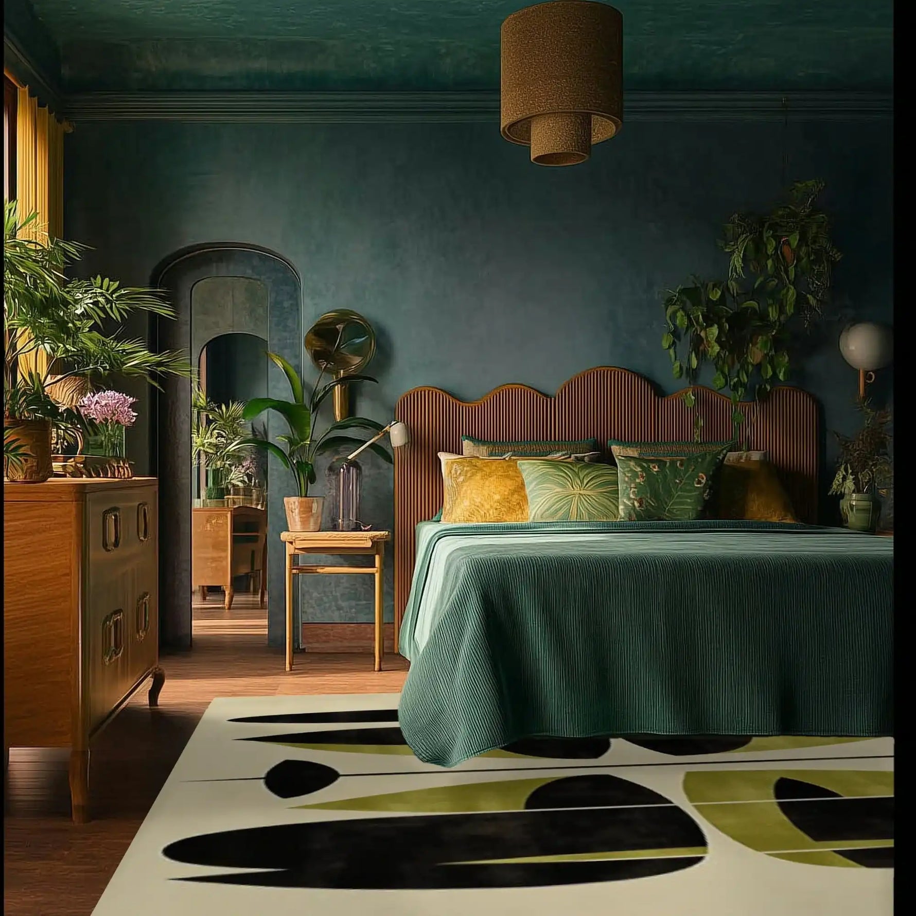 Stylish area rug in a cozy office setting, featuring an abstract design with black and olive shapes on a wool surface. Ideal for large office spaces, this rug enhances the room with its modern aesthetic and complements the wooden furniture and lush green plants.