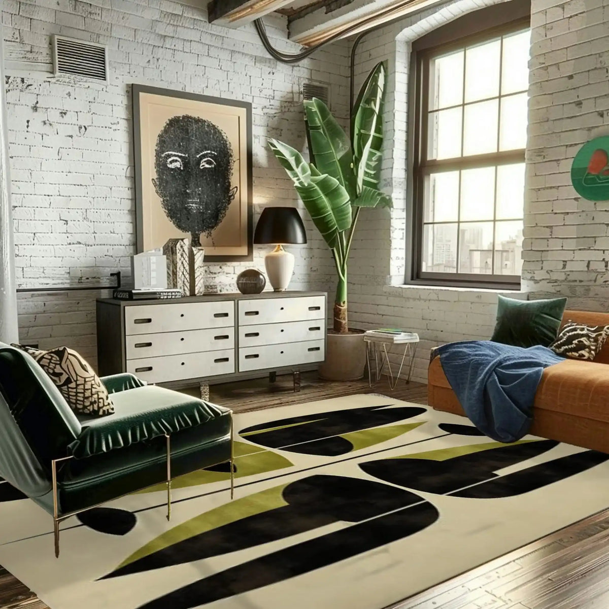 Stylish office space featuring the Abstract Haven Hand Tufted Rug, a large area rug made from wool. The rug showcases bold abstract patterns in black and green, adding a modern touch to the room's decor. It's perfect for adding warmth and style to any office setting.