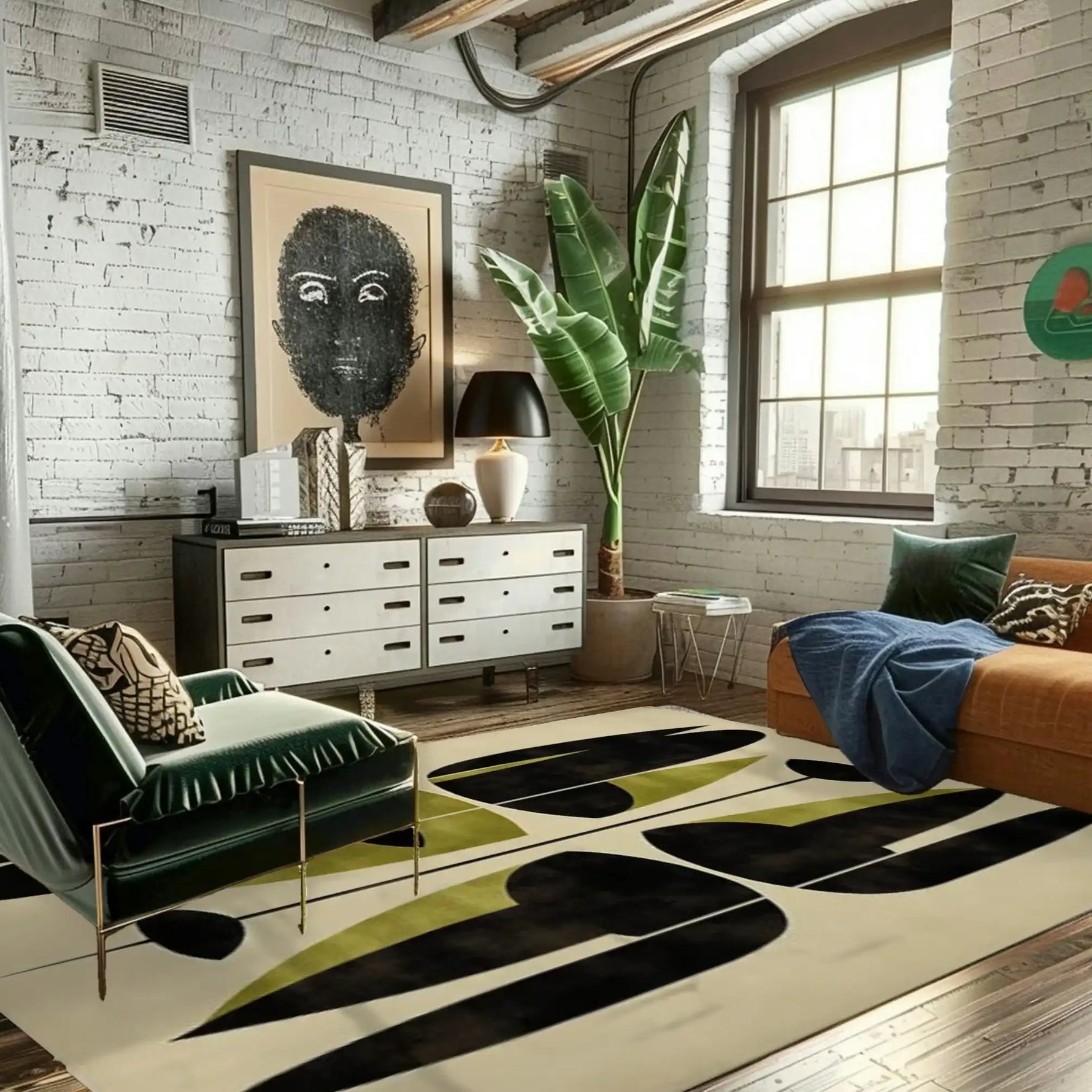 Stylish office space featuring the Abstract Haven Hand Tufted Rug, a large area rug made from wool. The rug showcases bold abstract patterns in black and green, adding a modern touch to the room's decor. It's perfect for adding warmth and style to any office setting.