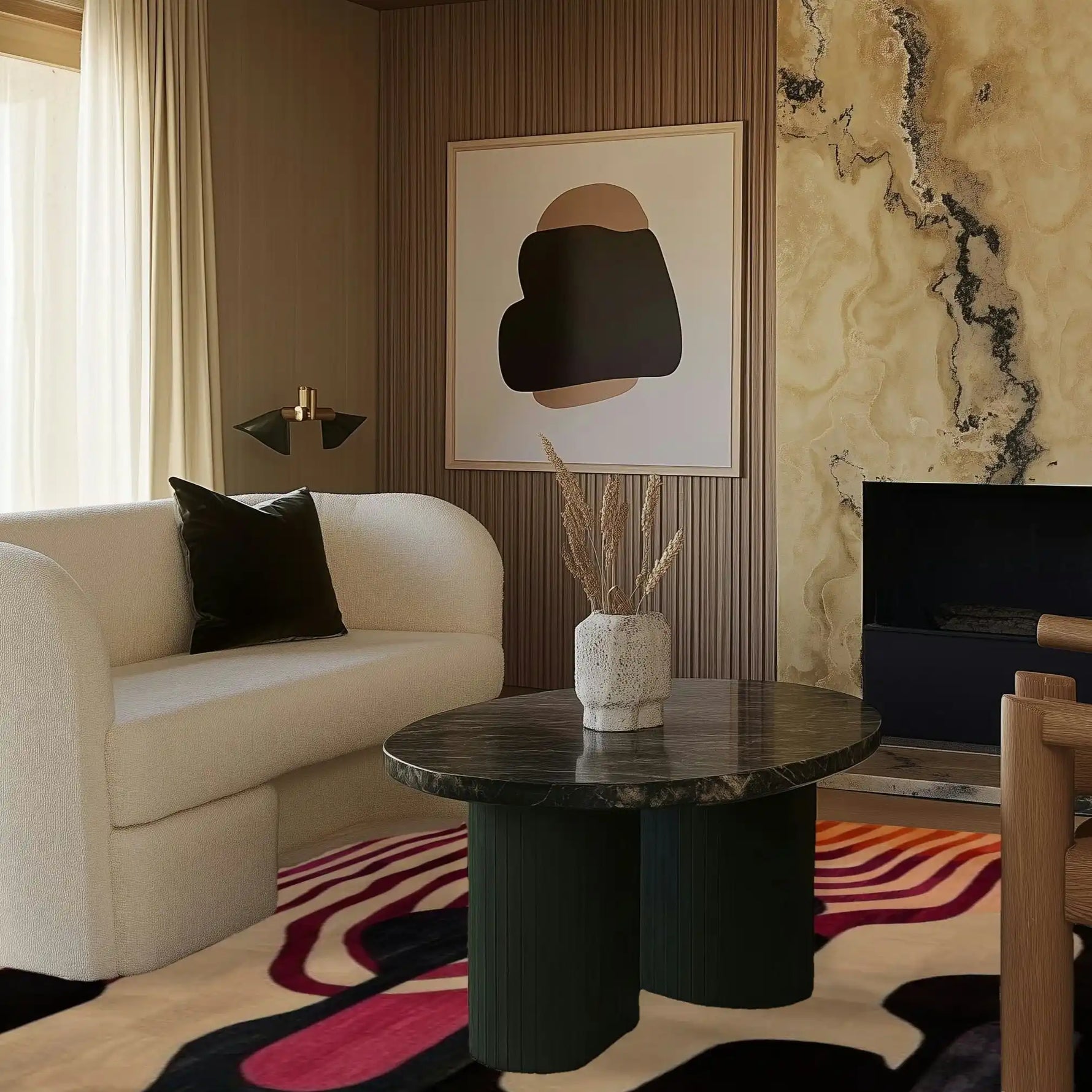 Stylishly designed living room featuring an abstract ink blot hand-tufted area rug with vibrant colors, perfect for adding a creative touch to dining room carpets or living room area rugs. The wool rug complements the modern decor with a cozy sofa, elegant artwork, and a sleek coffee table.