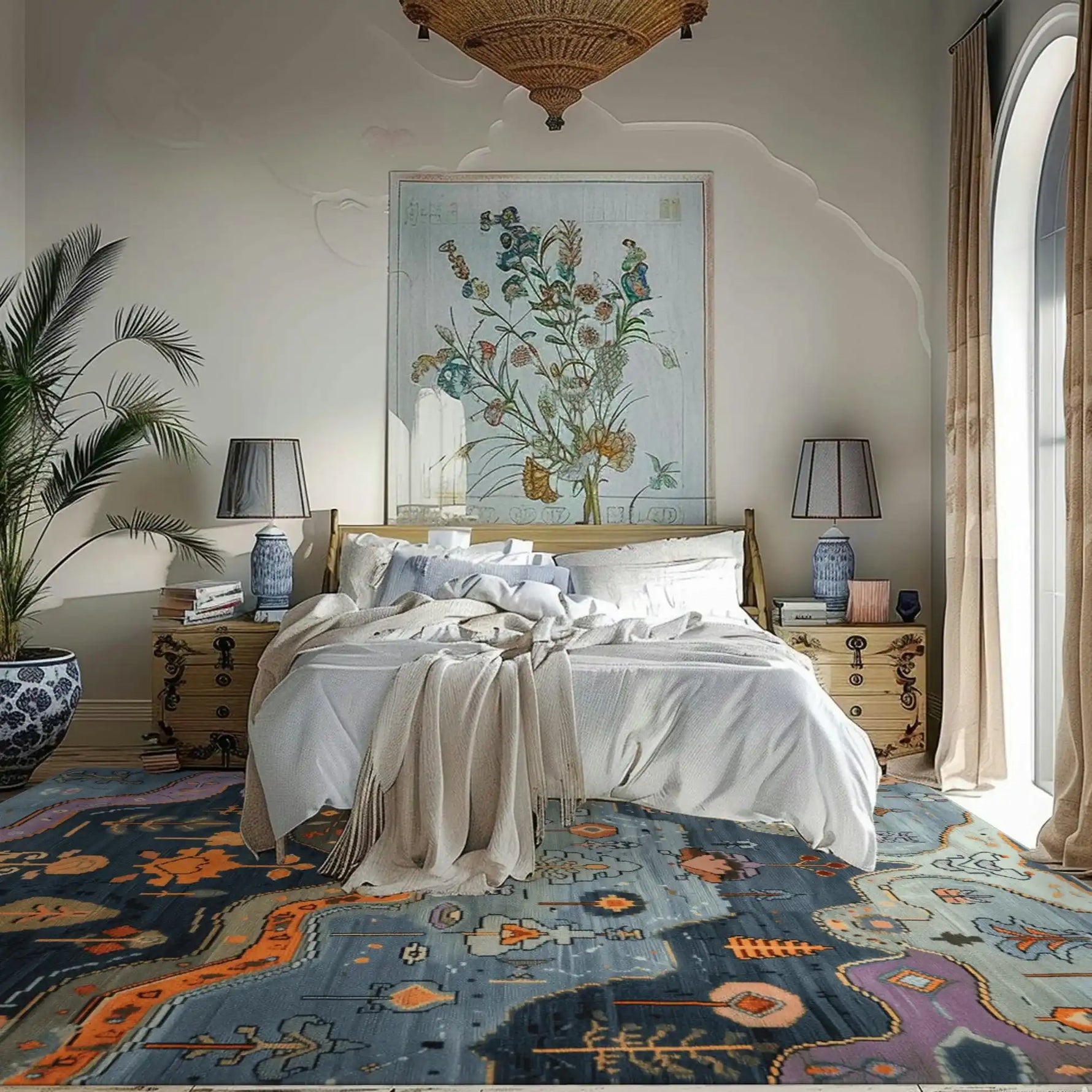 A stylish bedroom featuring an Abstract Journey hand knotted area rug with vibrant patterns, perfect for living room rugs 8x10. The rug adds a modern touch to the space, complementing the neutral tones of the bedding and furniture.