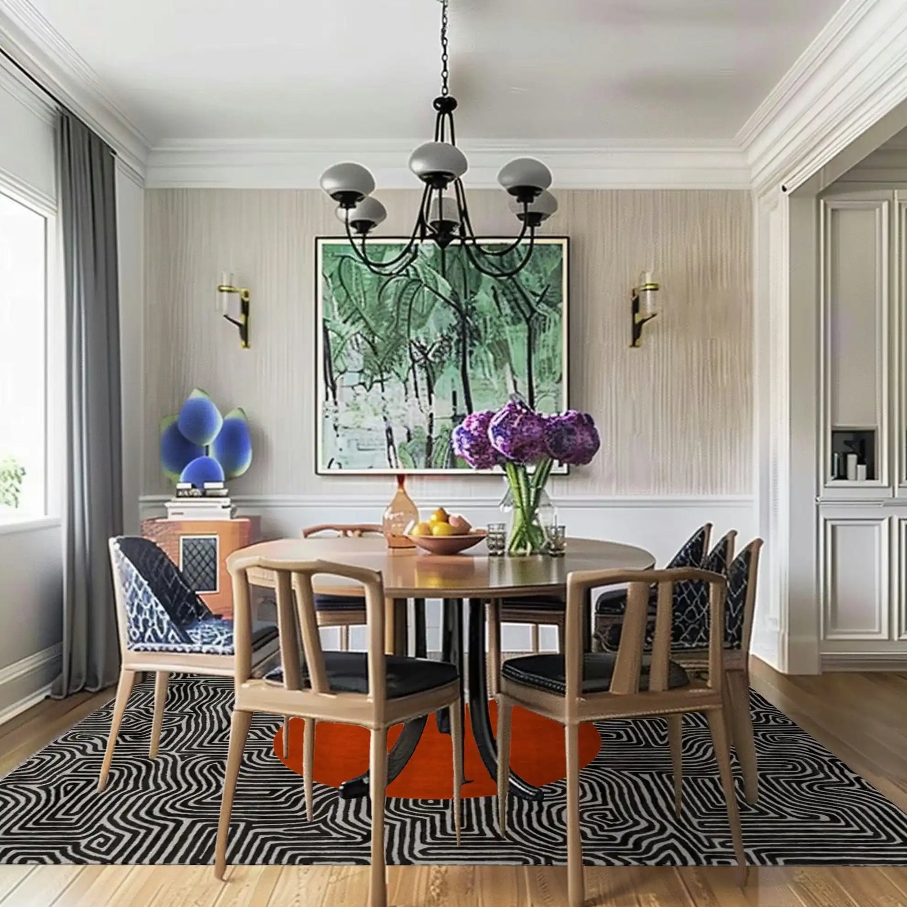Stylish dining room featuring the Abstract Maze Orange Sun Hand Tufted Wool Rug, an area rug with a bold geometric pattern in black and orange. Perfectly suited for living room and dining room spaces, this wool rug adds a vibrant touch under the wooden dining table and chairs, enhancing the elegance of the dining room area.