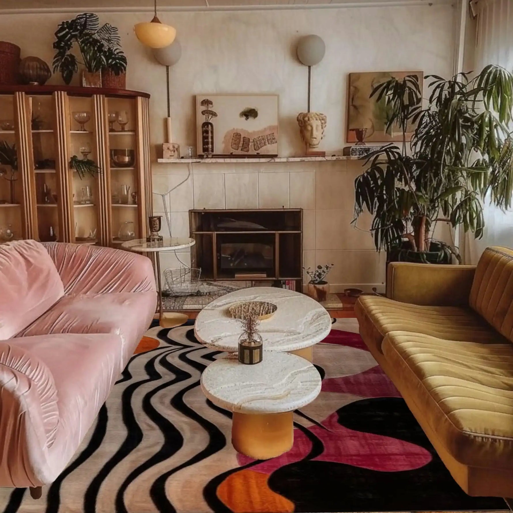 A stylish living room featuring an Abstract Odyssey Hand Tufted Viscose area rug with a bold, colorful design. The large area rug, perfect for an office or living room, adds a touch of elegance with its wool blend. Surrounded by modern furniture, including a pink sofa and a green couch, this rug stands out as a centerpiece.